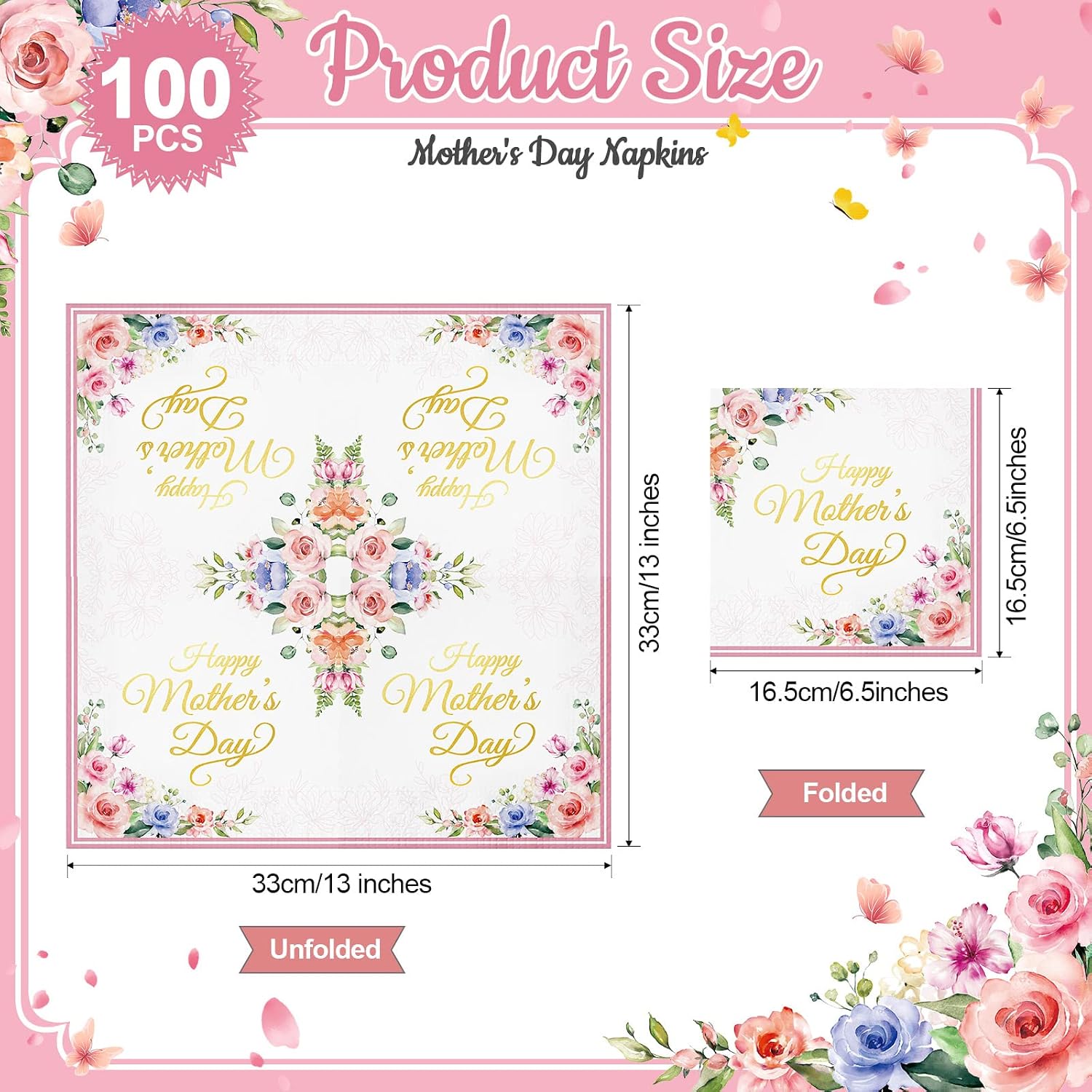 Teling 100 Pcs Mother's Day Napkins Disposable Paper Bulk Happy Mothers Cocktail Tea Beverage Napkins 13 x 13 Inch Gold Letter Floral Mom Paper Tableware Set for Mother's Day Party Supplies