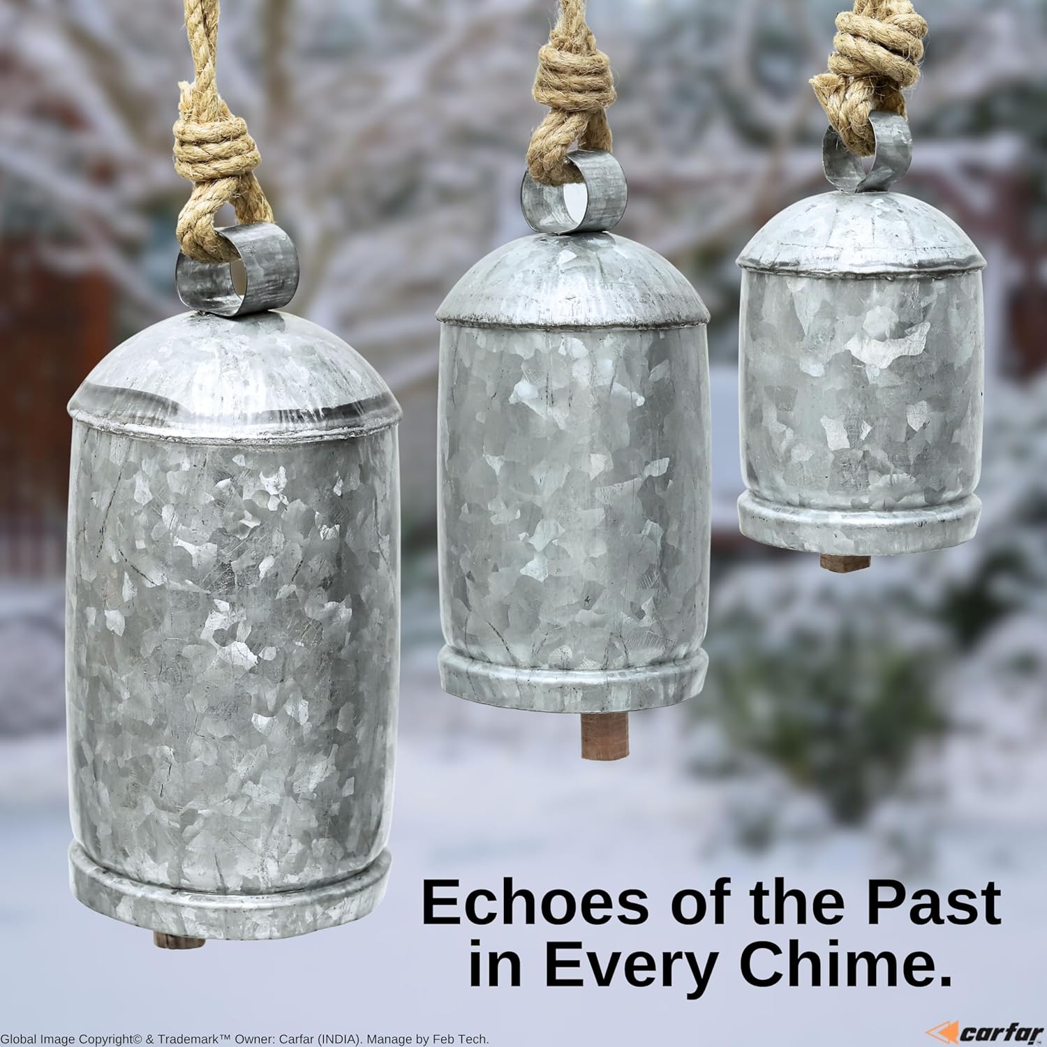 Set of 3 Large Galvanized Metal Hanging Bells with Jute Rope Rustic Farmhouse Wall, Porch & Garden Decor Handcrafted Vintage-Style Cowbells for Holiday Display, Outdoor Accents & Country