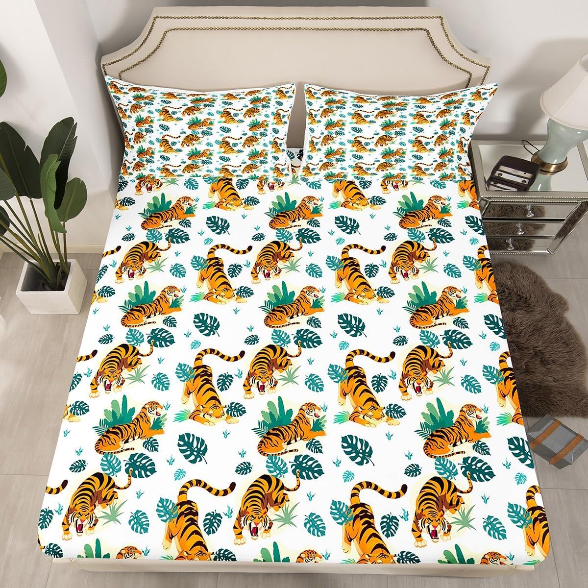 Feelyou Tiger Bed Sheets Turtle Leaf Tiger Sheet Set for Kids Boys Girls Wild Animal Theme Bed Set Wildlife Style Design Branches Sheets Bedroom Collection 3Pcs Twin Size