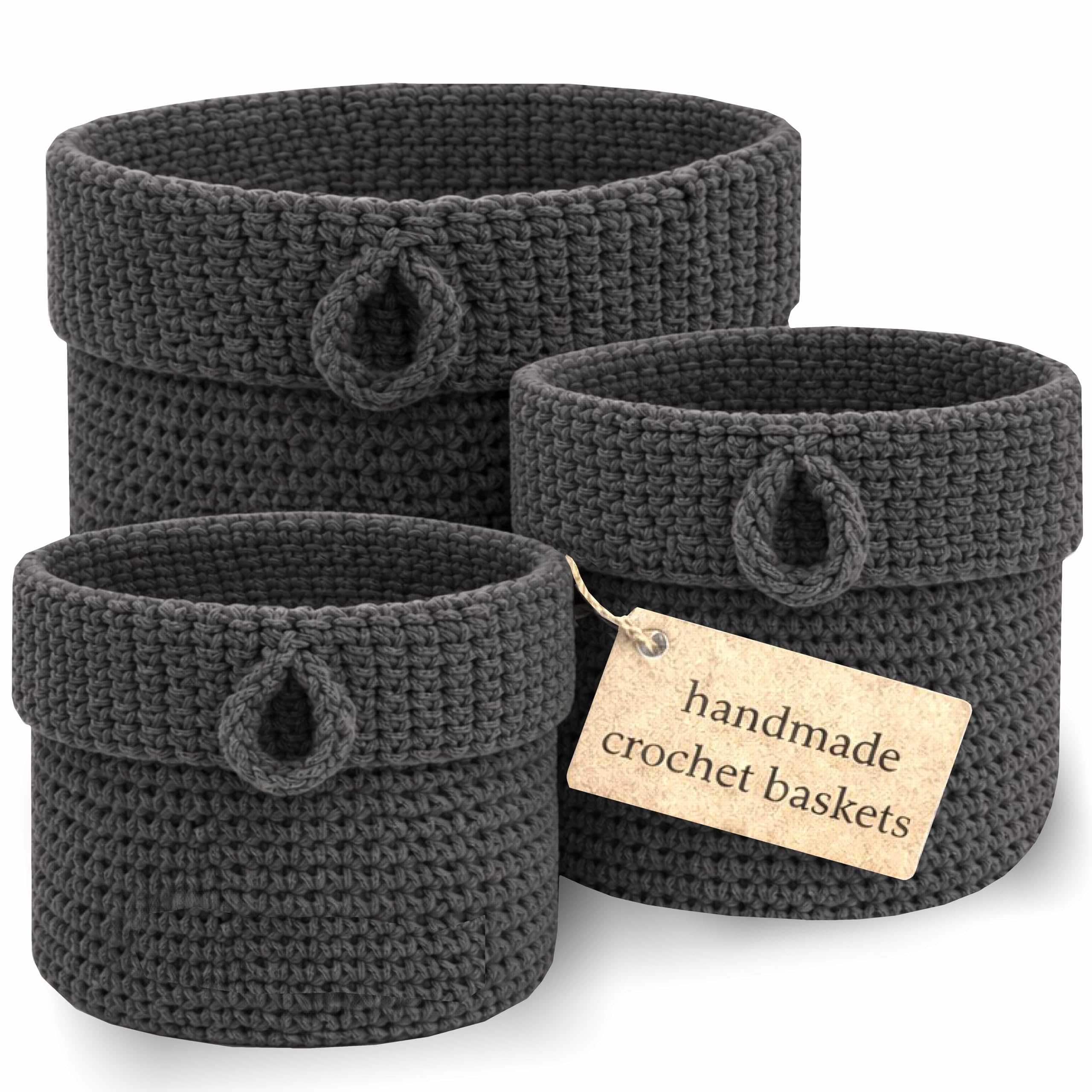Clay Roberts Round Storage Baskets, Set of 3, Grey, Fabric Basket Organisers, Woven Knitted, Baskets, Grey, Woven Storage Rope Basket