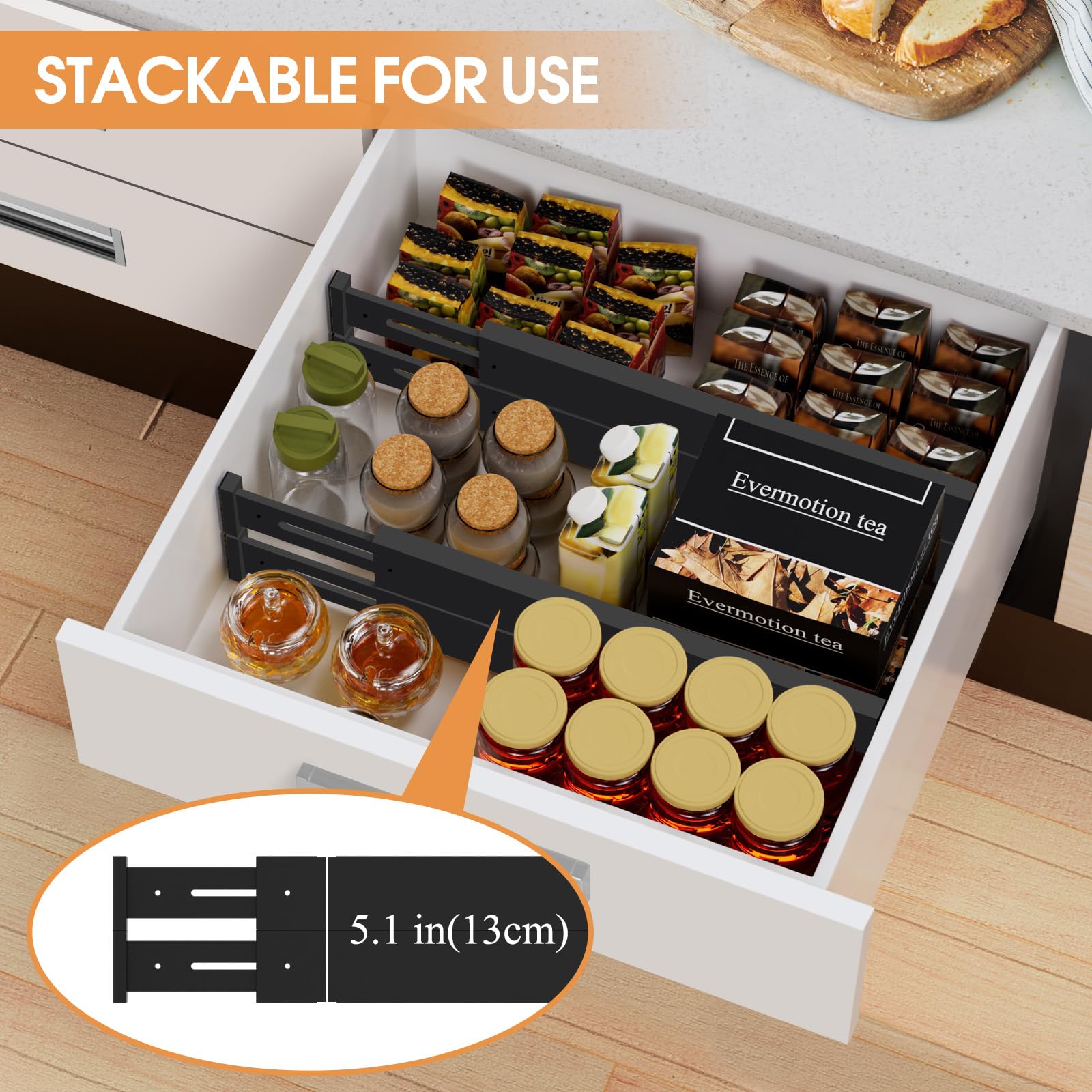 Separadores de cajones de bambú, organizador de cajones de cocina ajustable de 17 a 22 pulgadas para ropa, paquete de 8 separadores de organización de cajones expandibles para dormitorio, baño,