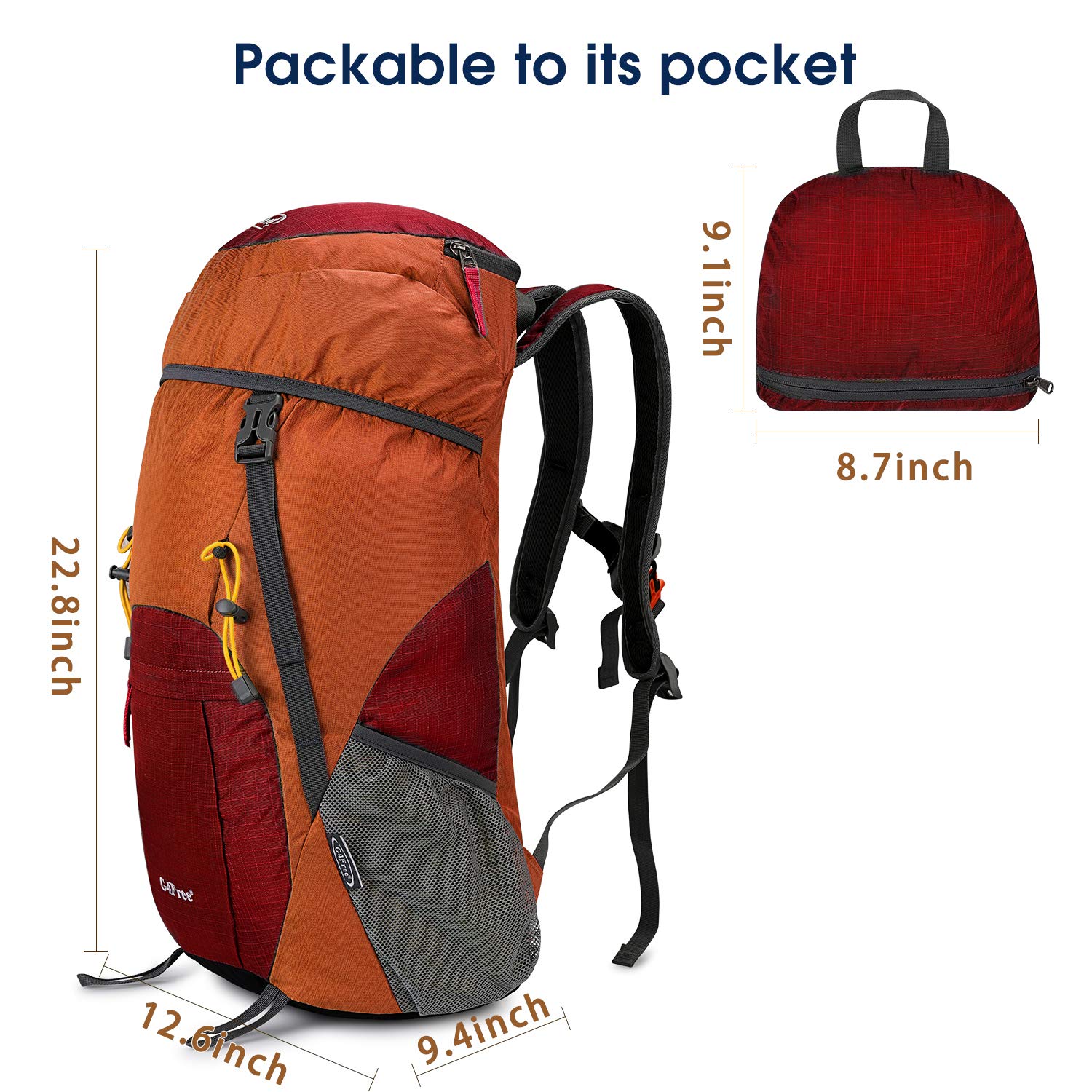G4Free 40L Faltbarer Rucksack, Wanderrucksäcke Ultraleicht, Wasserdichter Trekkingrucksack Daypack Damen Herren für Outdoor Wandern Camping Reisen, Orange Rot