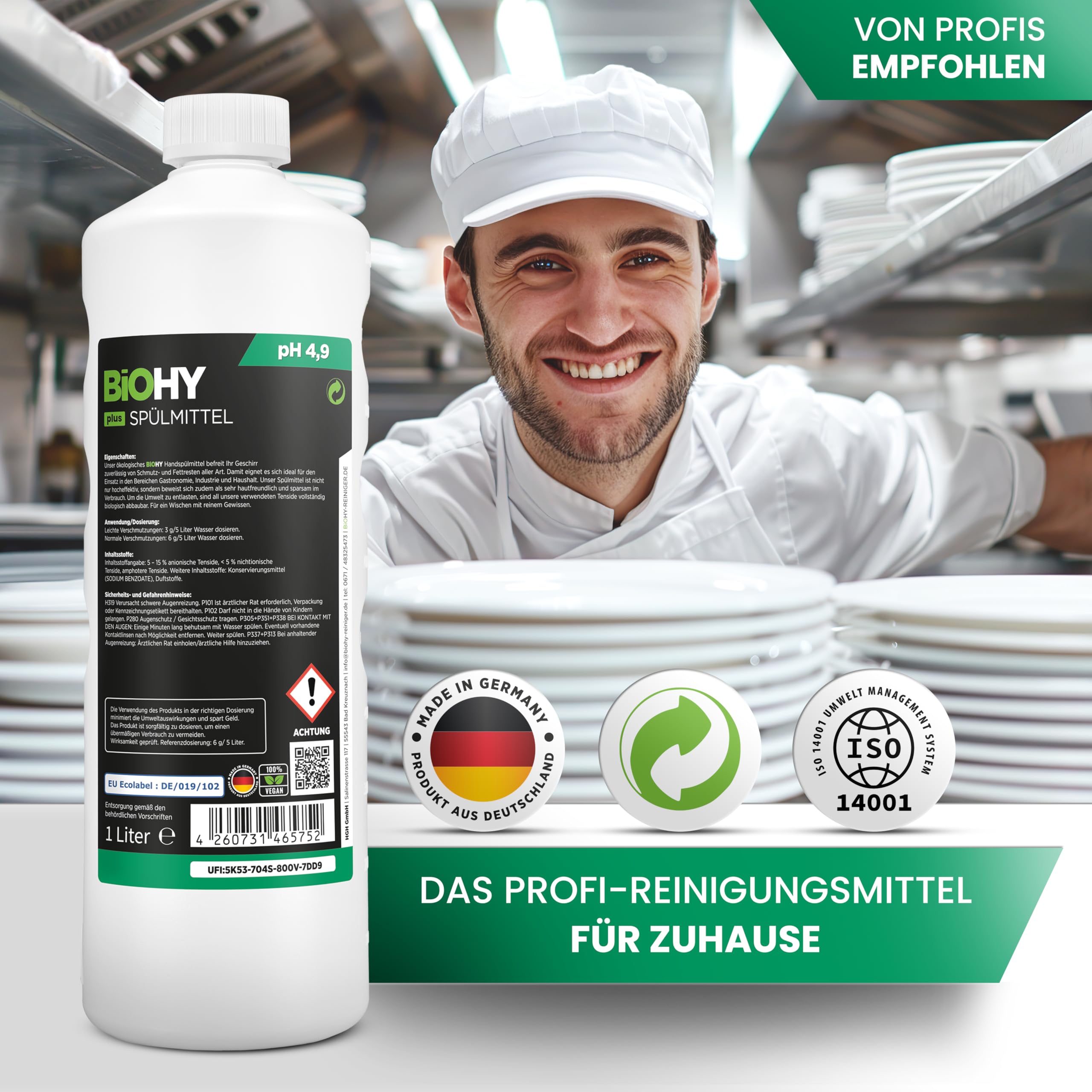 BiOHY Detergente para lavavajillas Plus (botella de 1 l) + dispensador de bomba, concentrado líquido orgánico para vajilla con etiqueta ecológica de la UE, desengrasante extrapotente, ideal para