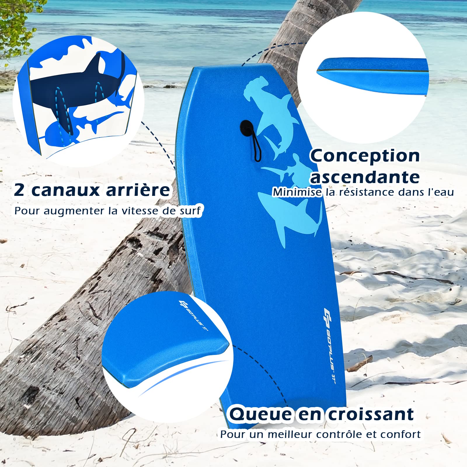 GYMAX 33''/37''/41'' Planche de Bodyboard, avec Sangle de Cheville Réglable, Fond Lisse, Queue en Forme de Croissant, Conception Upwarp, Planche de Surf pour Enfants et Adultes