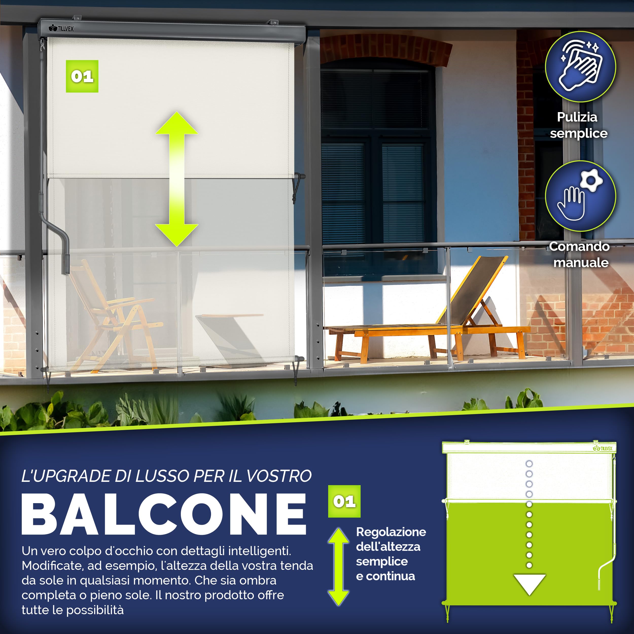 tillvex® Tenda da sole verticale per interni ed esterni, impermeabile, con manovella, per balcone, terrazza e giardino, tenda parasole in alluminio (beige, 250 x 200 cm)