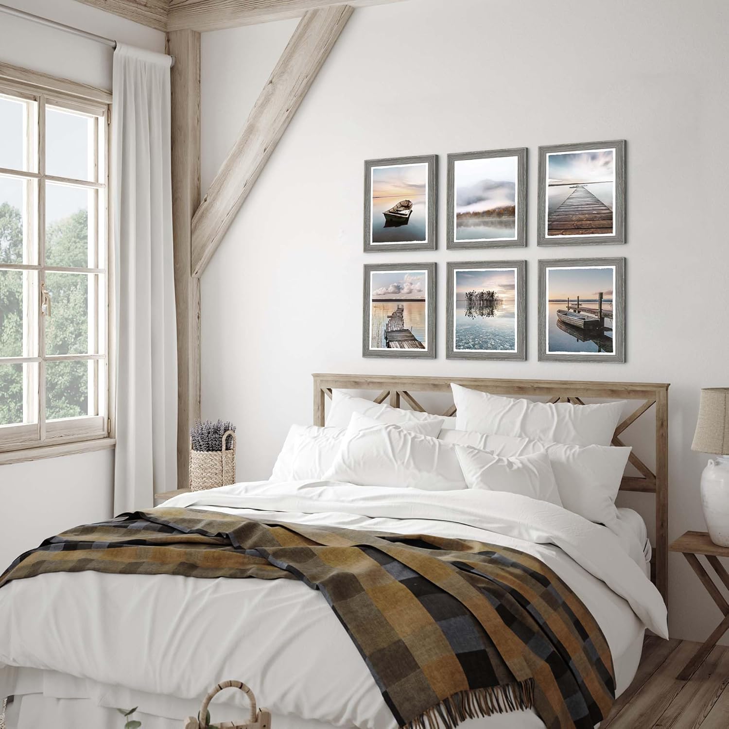 Bedroom Lake Wall Art Decor: Modern Living Room Framed Nature Landscape Picture 6 Piece Mountain Forest Scene Print Vertical Boat Pier Sunrise Scenery Painting Artwork for Home Office