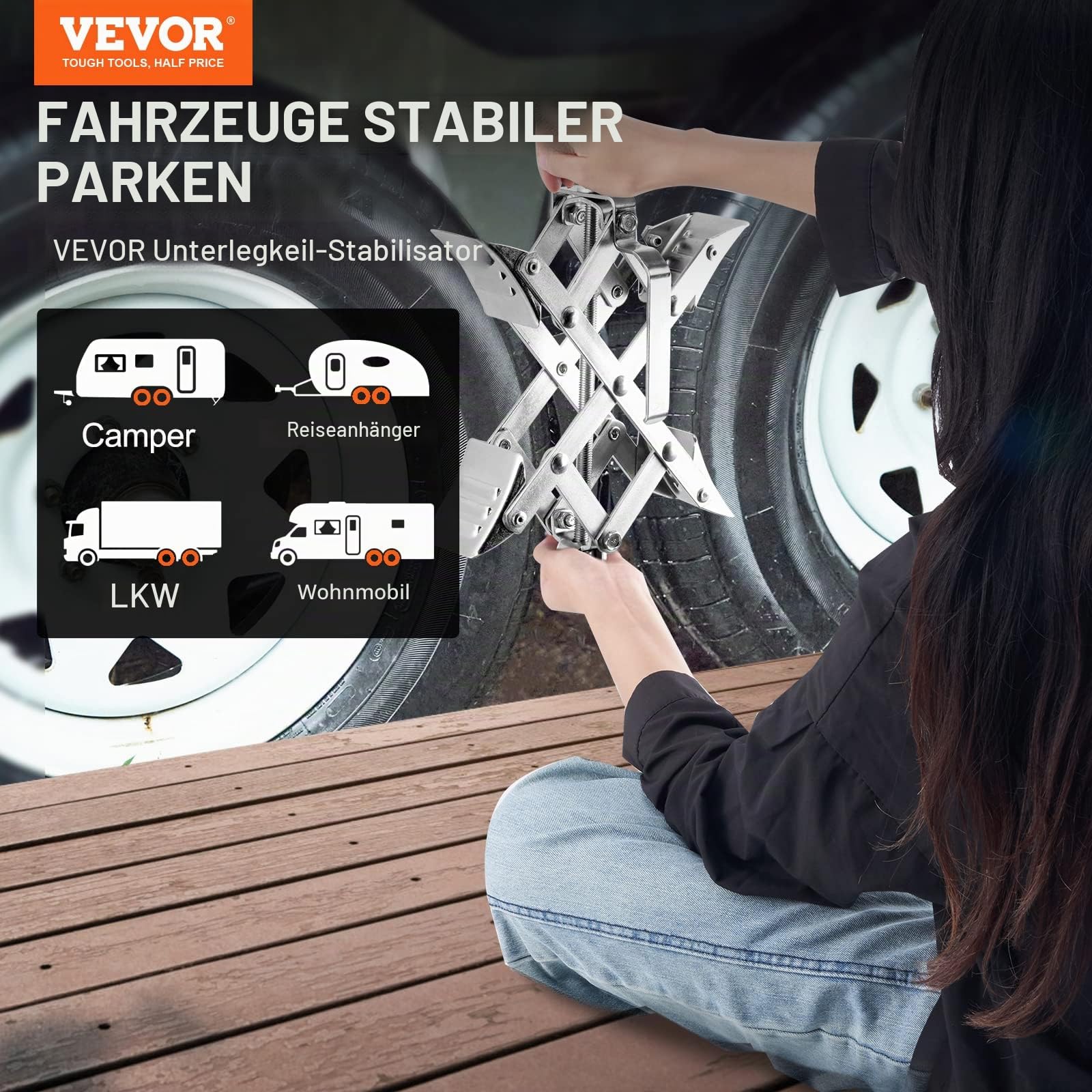 VEVOR Unterlegkeil für Wohnmobile, X-förmiger Unterlegkeil zur Stabilisierung von Wohnmobilen, für Reifenbreiten von 3,8 bis 25,4 cm, 2 Stk. Unterlegkeile mit Ratschenschlüssel und Aufbewahrungstasche