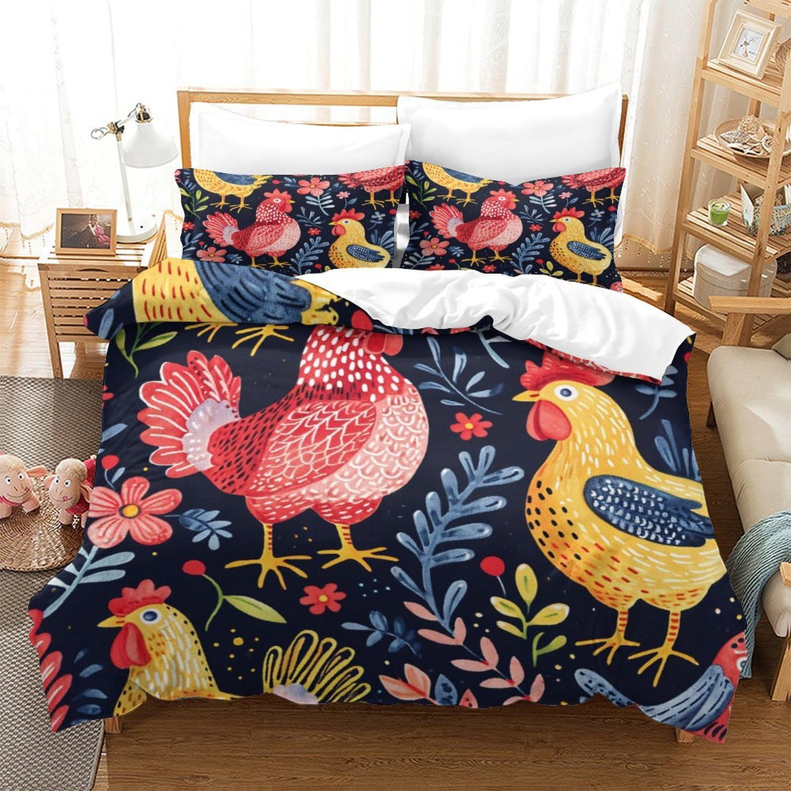 P1S9U7W5Y 3D Printed Country Rooster Feather Pattern Duvet Cover Set 3 Pieces Microfiber Bedroom Decor Hen Bedding Set for Adults Teens Soft Skin-Friendly Super king（260x220cm）
