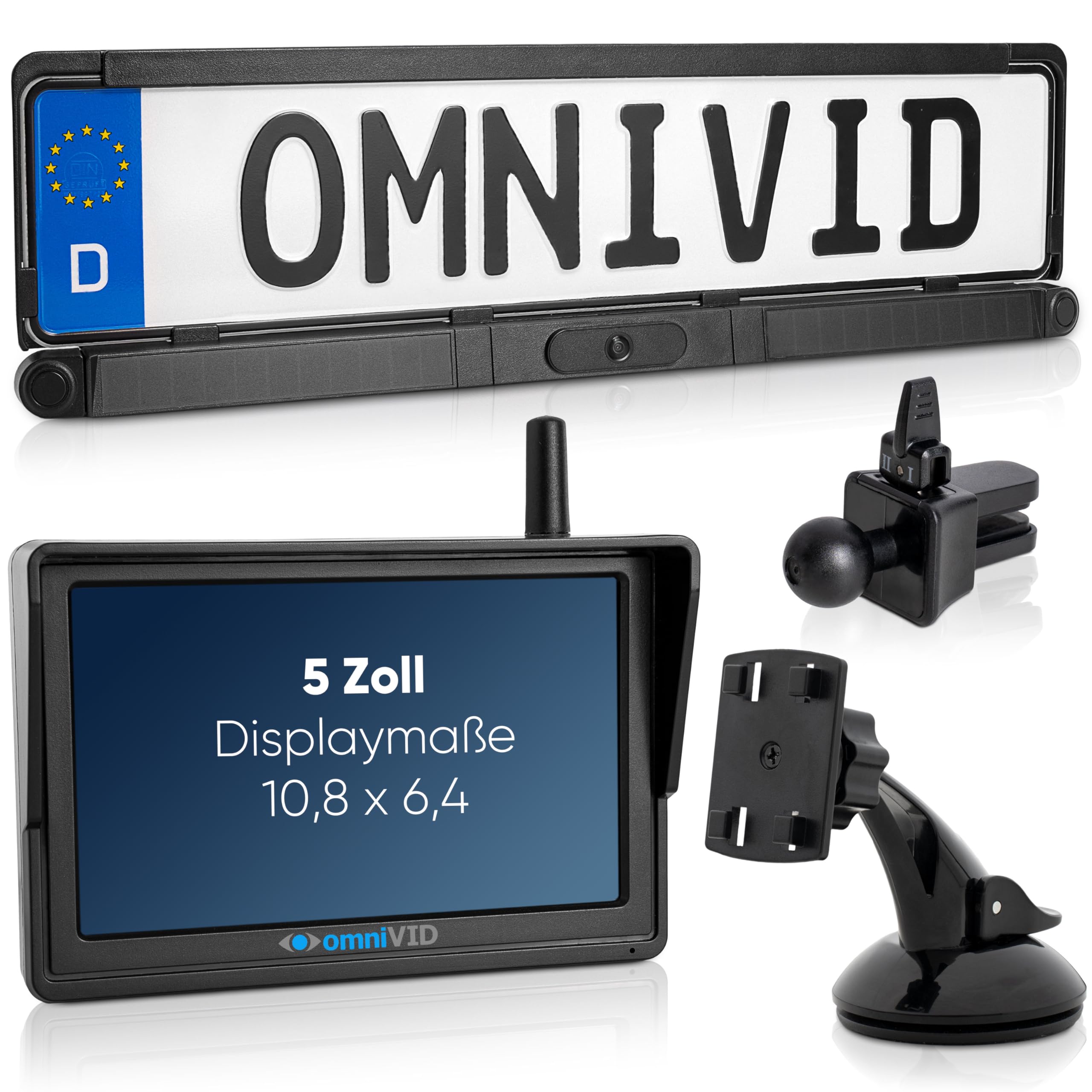 omniVID® Solar6 Premium Solar 5 Zoll Rückfahrkamera-System mit Parksensoren, Kabellos mit 5 Zoll Monitor u. solarbetriebender Kamera zum Nachrüsten mit PDC, Montage ohne Bohren, IP67 wasserdicht | Kabellos mit solarbetriebener Kamera und PDC, ohne Bohren