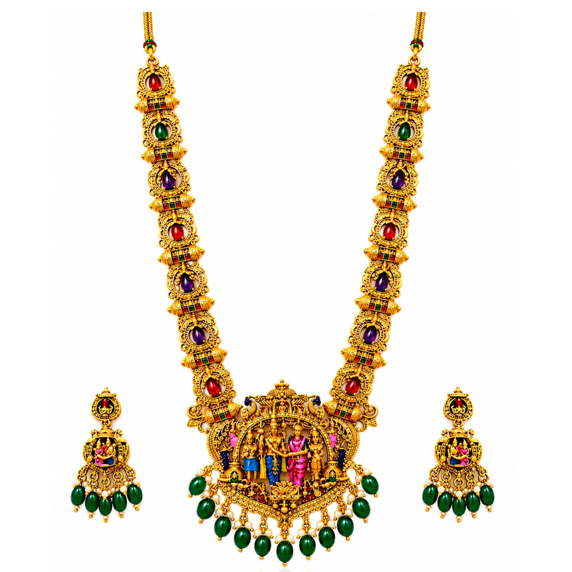 Sita Ramam Temple Jewellery Long Haram Set, Antique Gold, Bridal Necklace with Matching Earrings Premium Set for Women | Traditional South Indian Bridal Necklace with Intricate Rama Sita Darbar Motifs, Antique Gold Plating & Green Bead Danglers | Wedding, Festive & Ethnic Jewellery with Matching Earrings-image-39