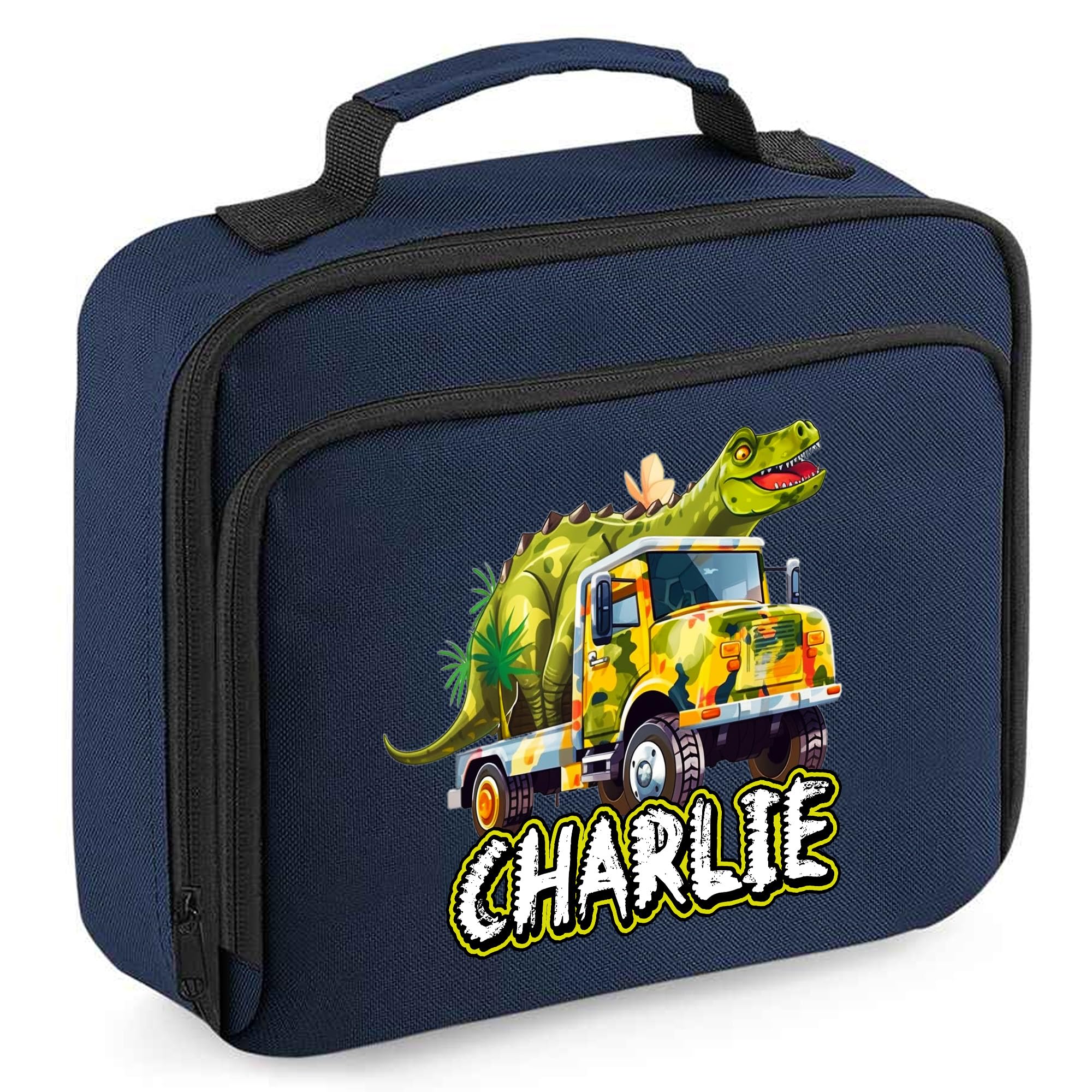 Personalised Dinosaur Truck Lunch Bag for Kids Custom Dino Back to Nursery School Lunchbox, 24cm x 20cm x 8cm, Navy