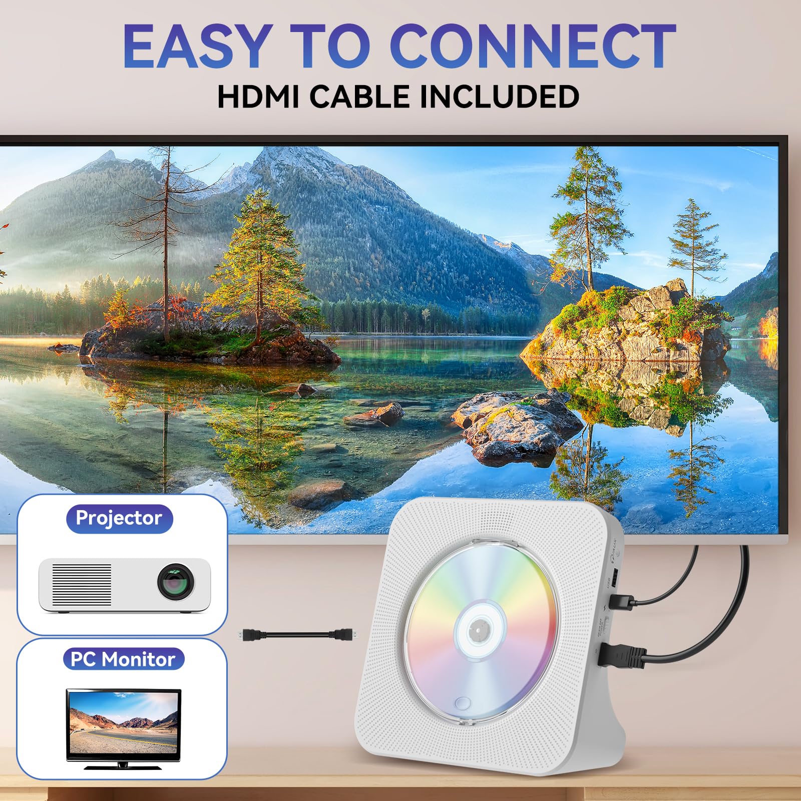 Qoosea Lettore DVD CD per TV con Bluetooth HDMI e Lettore DVD CD Desktop senza limiti di Regione con Altoparlanti Display Sveglia Radio FM Riproduzione USB Card Telecomando e Cavo HDMI(bianco)