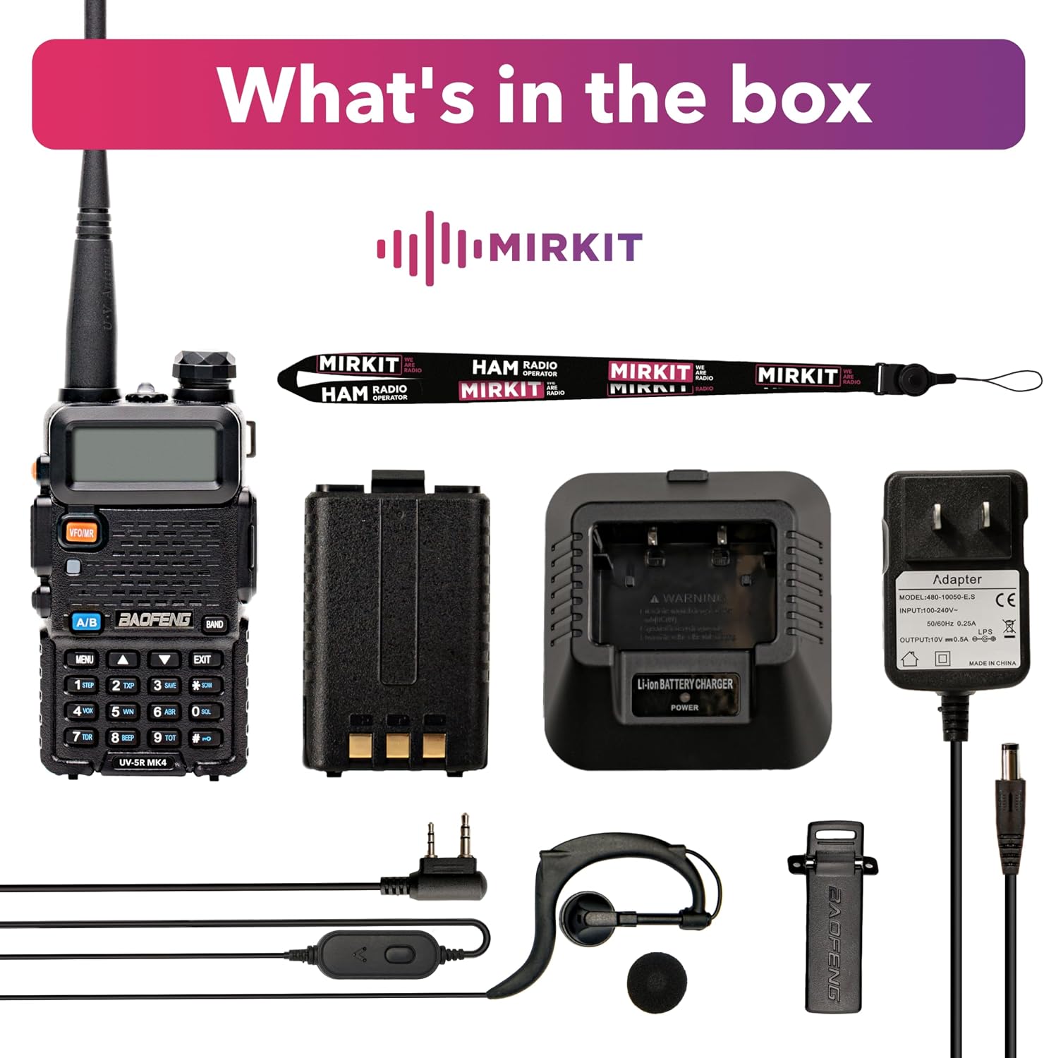 Contents of the Mirkit Baofeng UV-5R MK4 kit including radio, battery, charger, adapter, earpiece, and lanyard