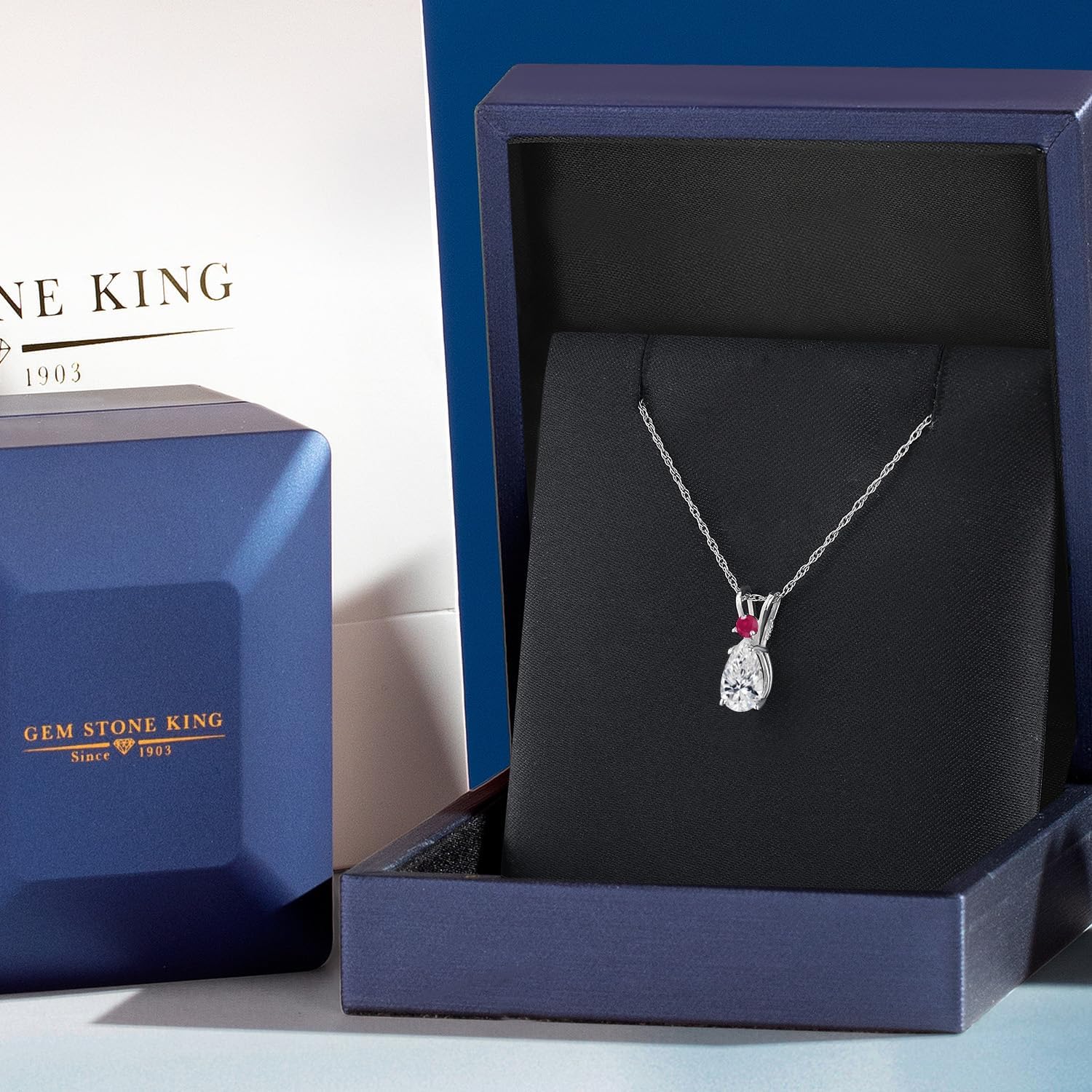 Gem Stone King 14K White Gold DEF Lab Grown Diamond and Red Ruby Pendant Necklace for Women | 0.77 Cttw | Gemstone April Birthstone | Pear Shape 8X5MM | With 18 Inch Chain - Image 5