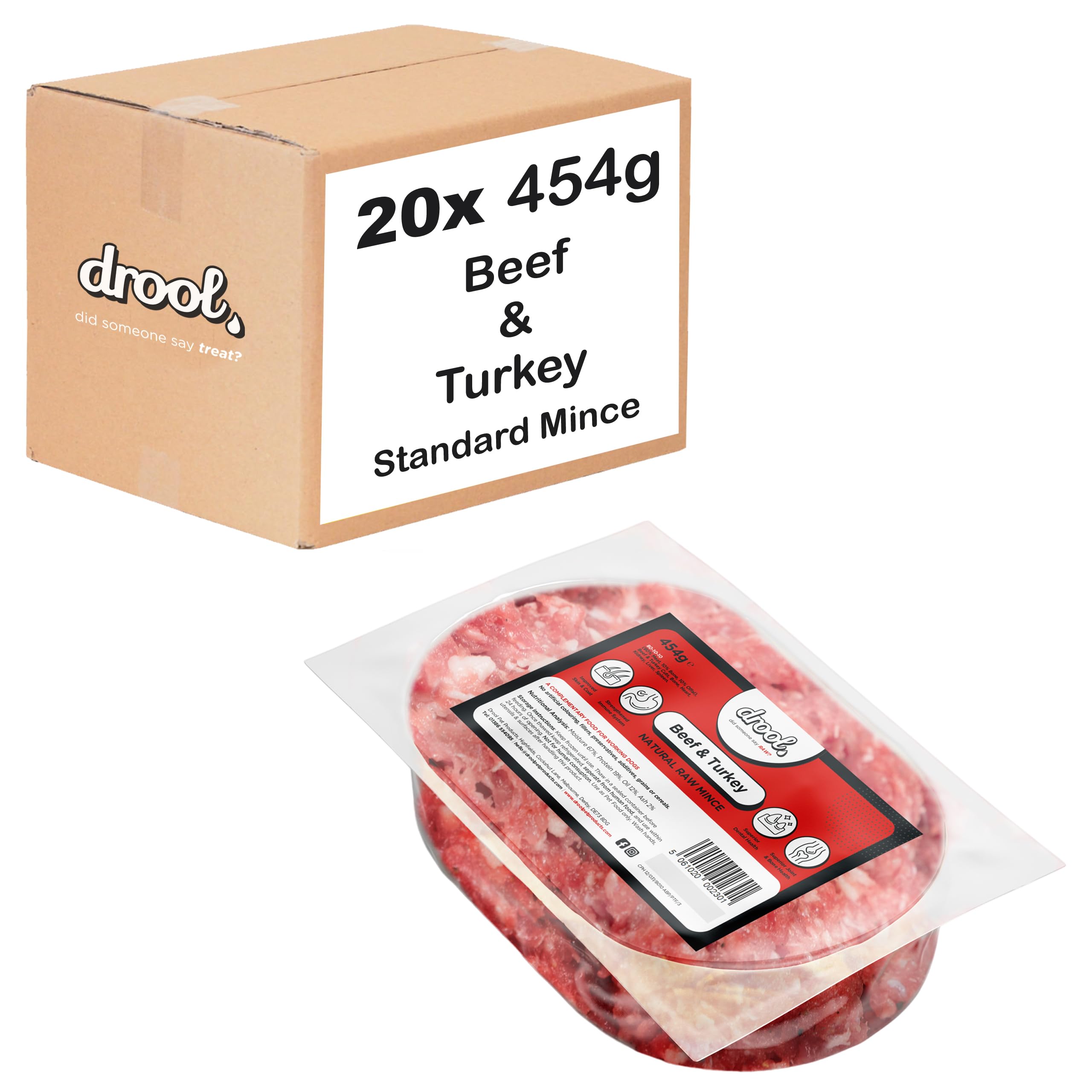 Drool Beef & Turkey Standard Mince 20 x 454g | 100% Natural Raw Dog Food | Frozen Dog Food for Optimal Canine Health