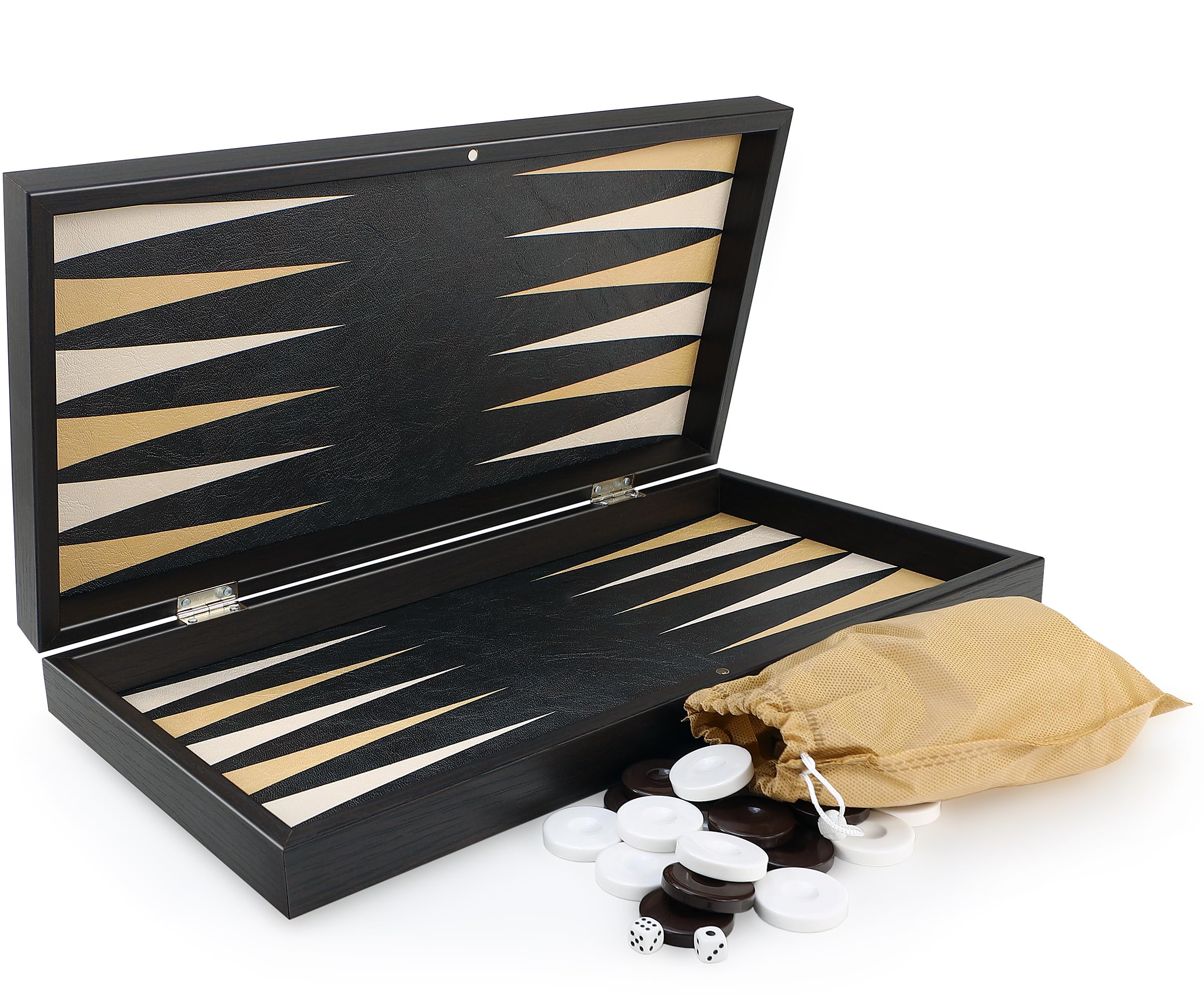 Backgammon de luxe XXL - Plateau de jeu classique en bois et cuir synthétique résistant aux rayures - 48 x 48,5 cm - Pliable avec fermeture magnétique - Pierres et dés inclus - Fait main en Turquie