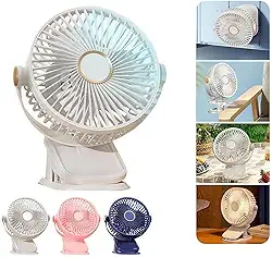 Ventilador de Mesa Portátil USB 3 em 1 Recarregável com LED, 5 Velocidades, 360° e Silencioso Para Escritório, Home Office, Quarto e Viagens (Branco)
