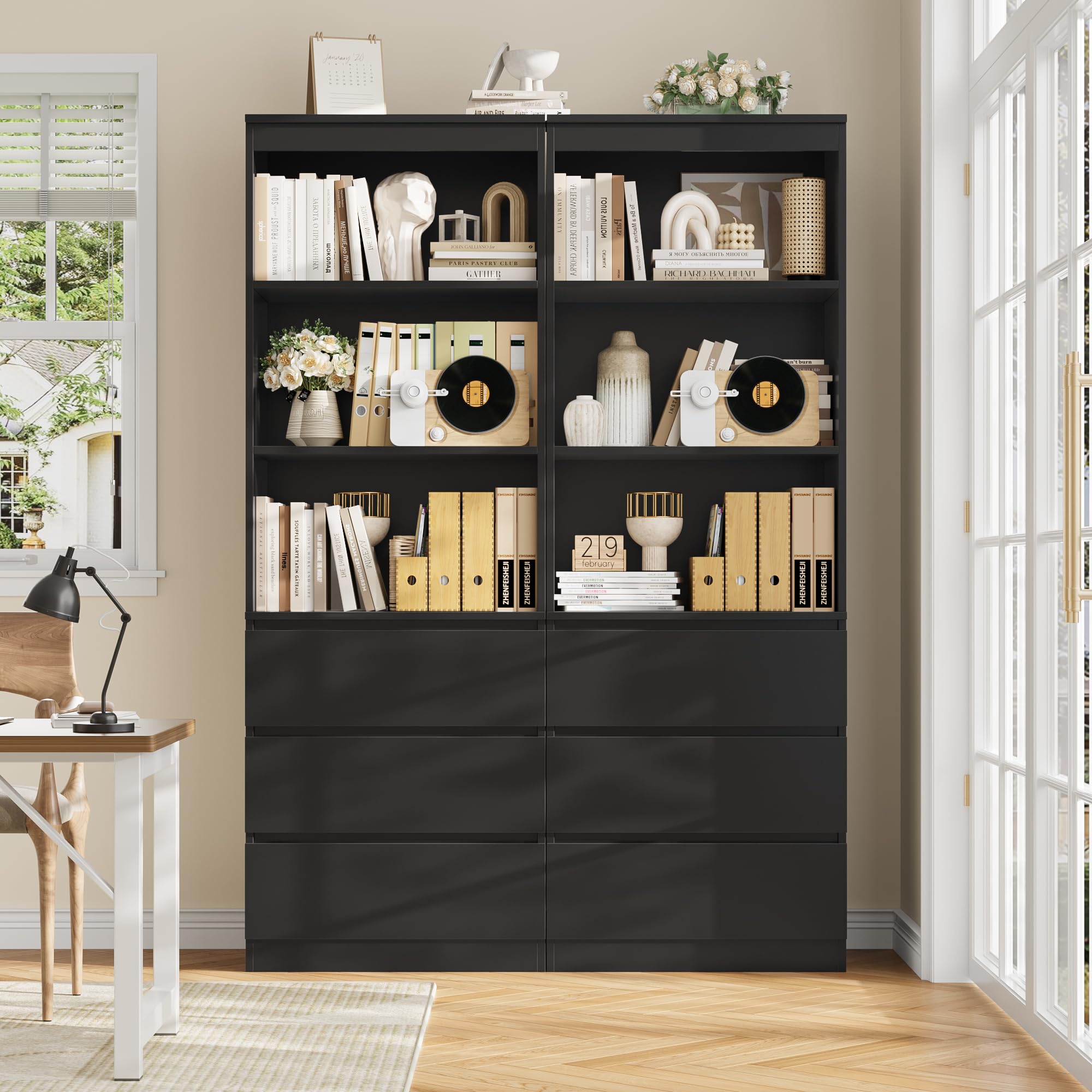 FirFurd Bücherregal mit 3 Schubladen 3 Fächern 180 cm Bücherschrank Vitrinenschrank Büroschrank Hochschrank Mehrzweckschrank für Wohnzimmer Büro Küche 60 x 35 x 180 cm Schwarz