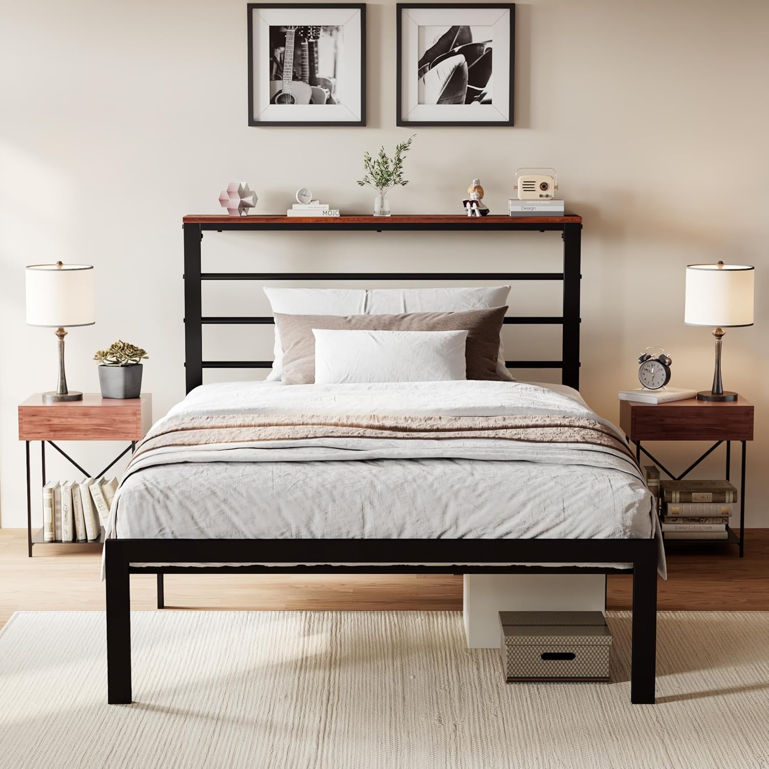 SHA CERLIN Twin Size Bed Frame with Headboard Shelf and Strong Metal Foundation, No Box Spring Needed, Brown