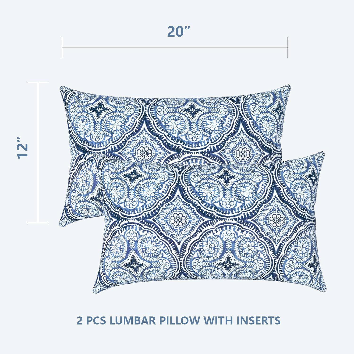 LVTLVTXIII 12×20 Inch Outdoor Lumbar Pillows, Pack of 2 Water Repellent Lumbar Pillow with Inserts, Fluffy Decorative Garden Lumbar Cushions for Home Patio Coach Sofa Use, Medallion Blue