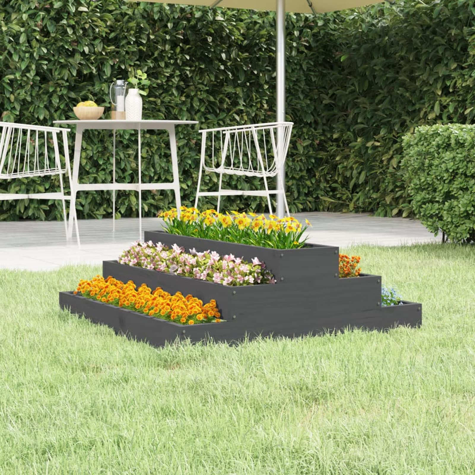 Festnight Jardiniere Bois Potager Exterieur Carré à Plantes en Bois Jardinière à 3 Etages en Bois,pour Balcon Serre Terrasse Cour, Bois Massif de pin-Gris pine-80 x 80 x 27 cm