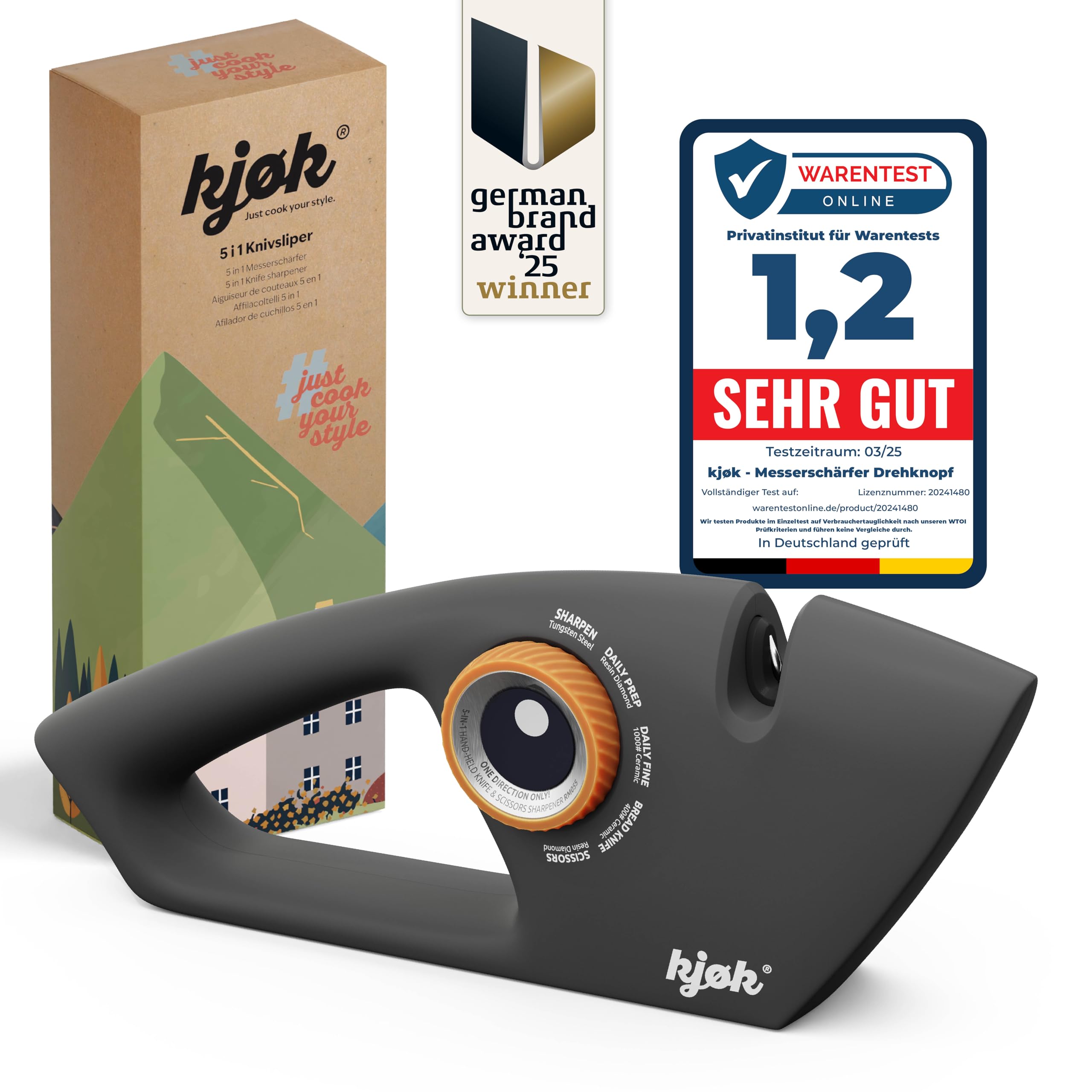 kjøk Premium Messerschärfer manuell - Drehknopf Messerschleifer und Scherenschleifer - ABS Gehäuse in schwarz-matt mit 5 Stufen Diamant-, Keramik- & Wolframcarbid-Stäbe für Messer Werkzeug Schere