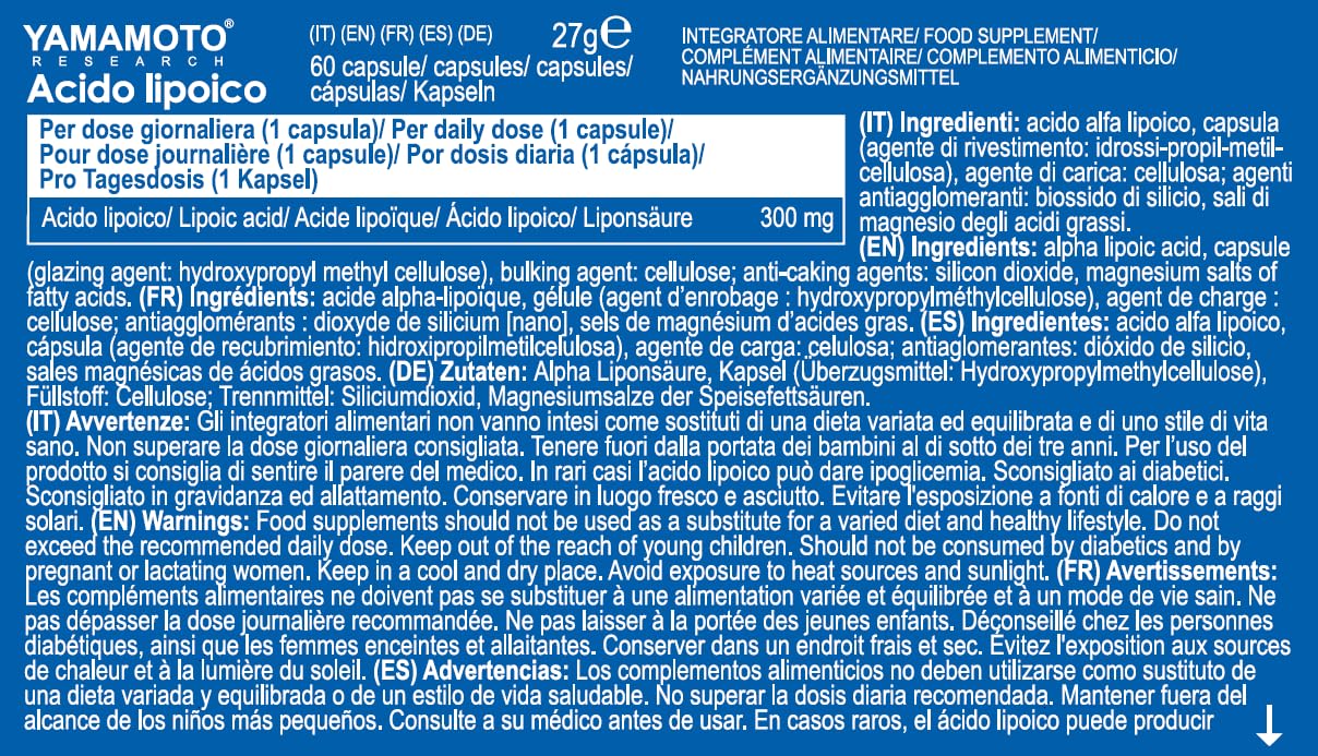YAMAMOTO RESEARCH Acido Lipoico 60 Capsule, Integratore Alimentare Antiossidante che Apporta 200 mg di Acido Lipoico per Capsula, Protegge le Cellule dallo Stress Ossidativo