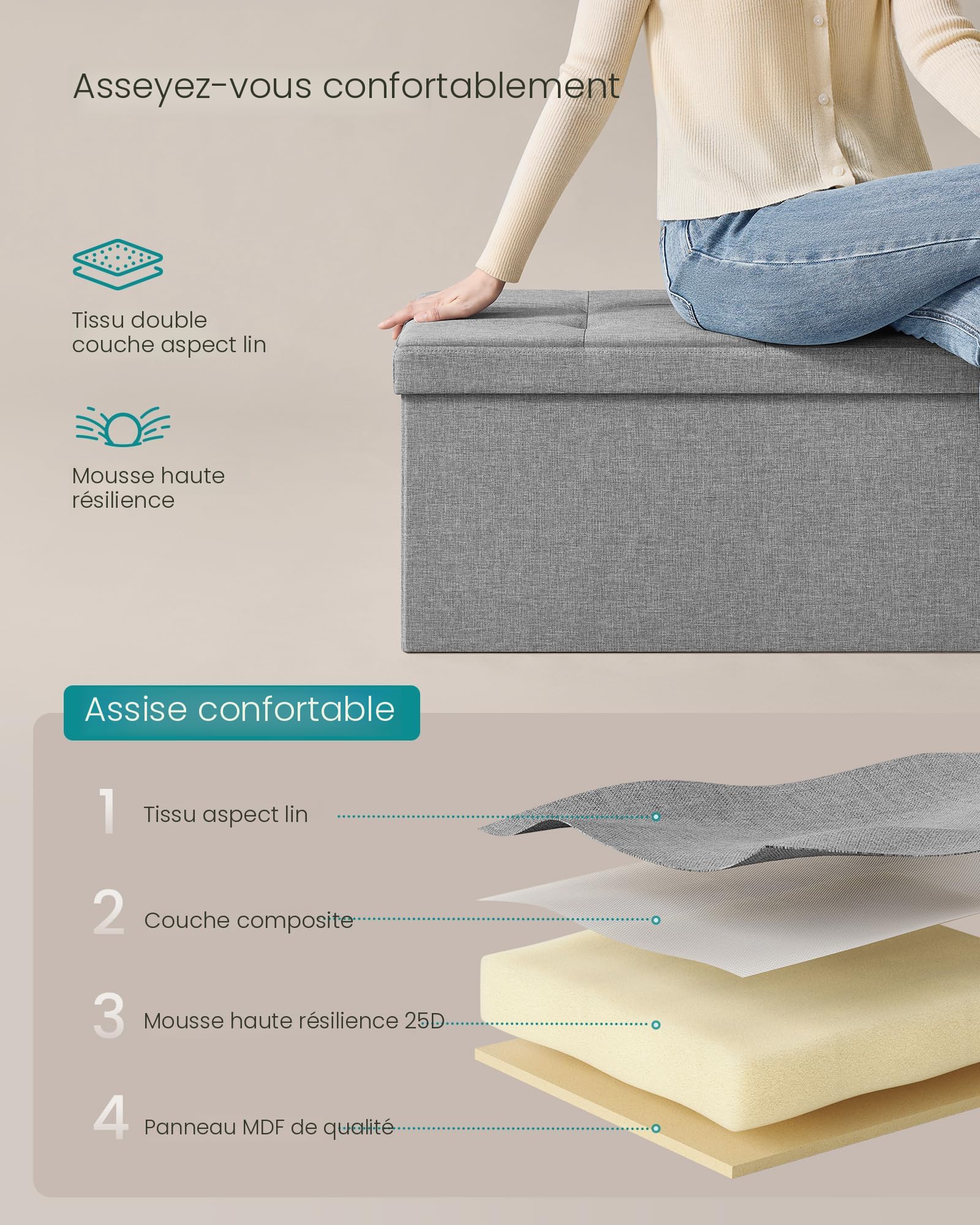 SONGMICS Banc ottoman de rangement pliable 110 cm, repose-pieds ottoman, siège rembourré, coffre de rangement, charge 300 kg, pour salon, chambre à coucher, entrée, bleu brumeux ULSF077Q01