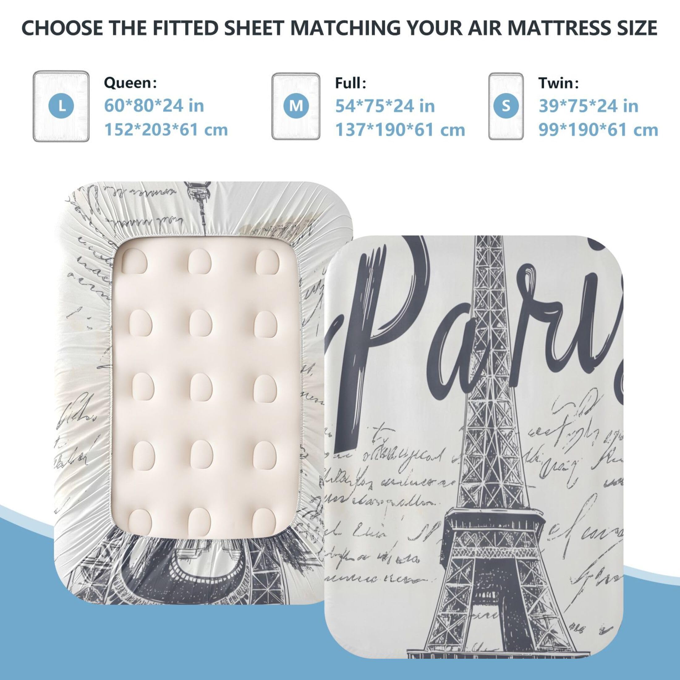 Sábana bajera ajustable de tamaño individual de la Torre Eiffel vintage para colchón de aire, bolsillo extra profundo de 24 pulgadas, funda suave y transpirable con apertura de válvula de