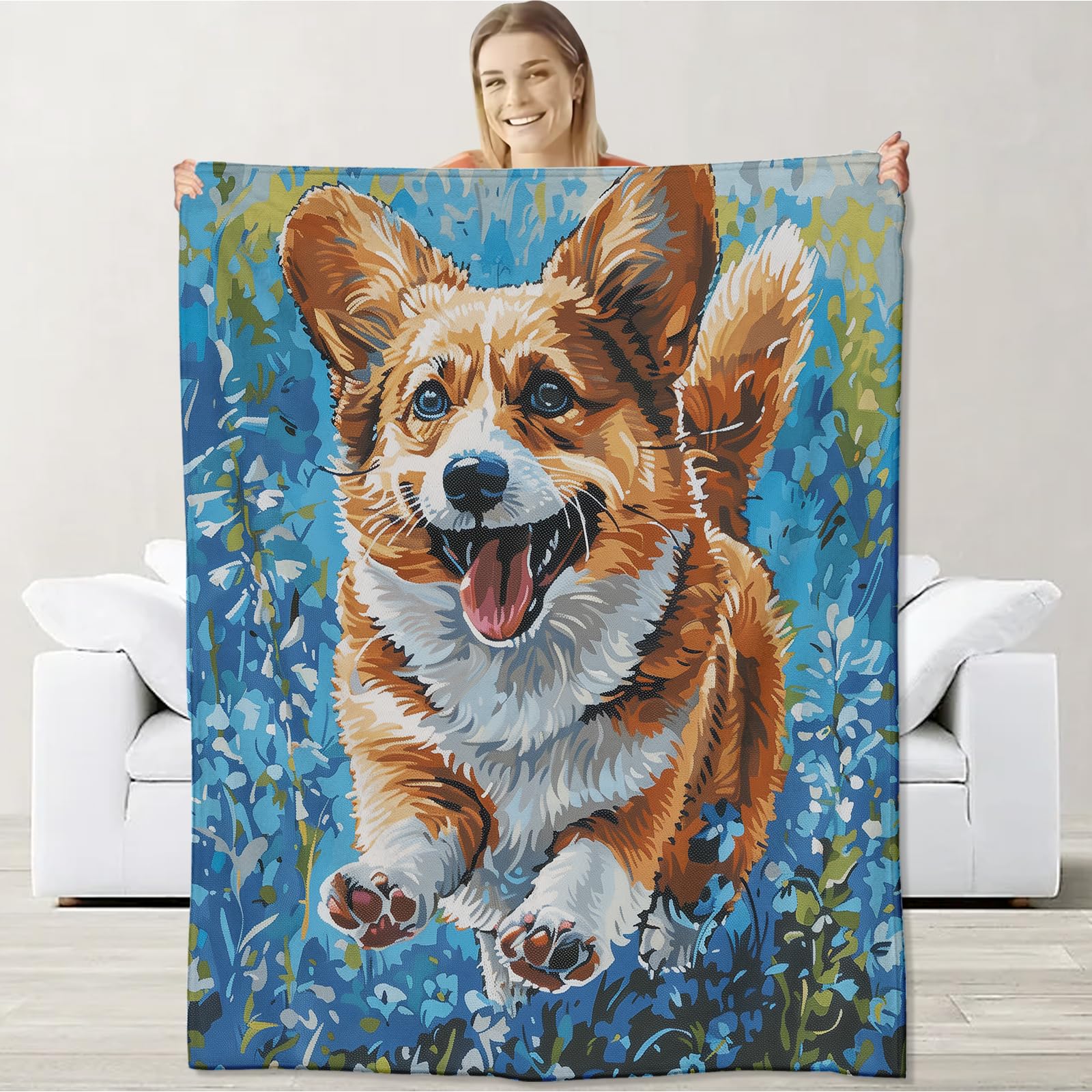 Produktbild von Corgi Decke Mit Regenbogen-Einhorn-Motiv – 152,4x152,4 Cm, Weiches Fleece, Kuschelig