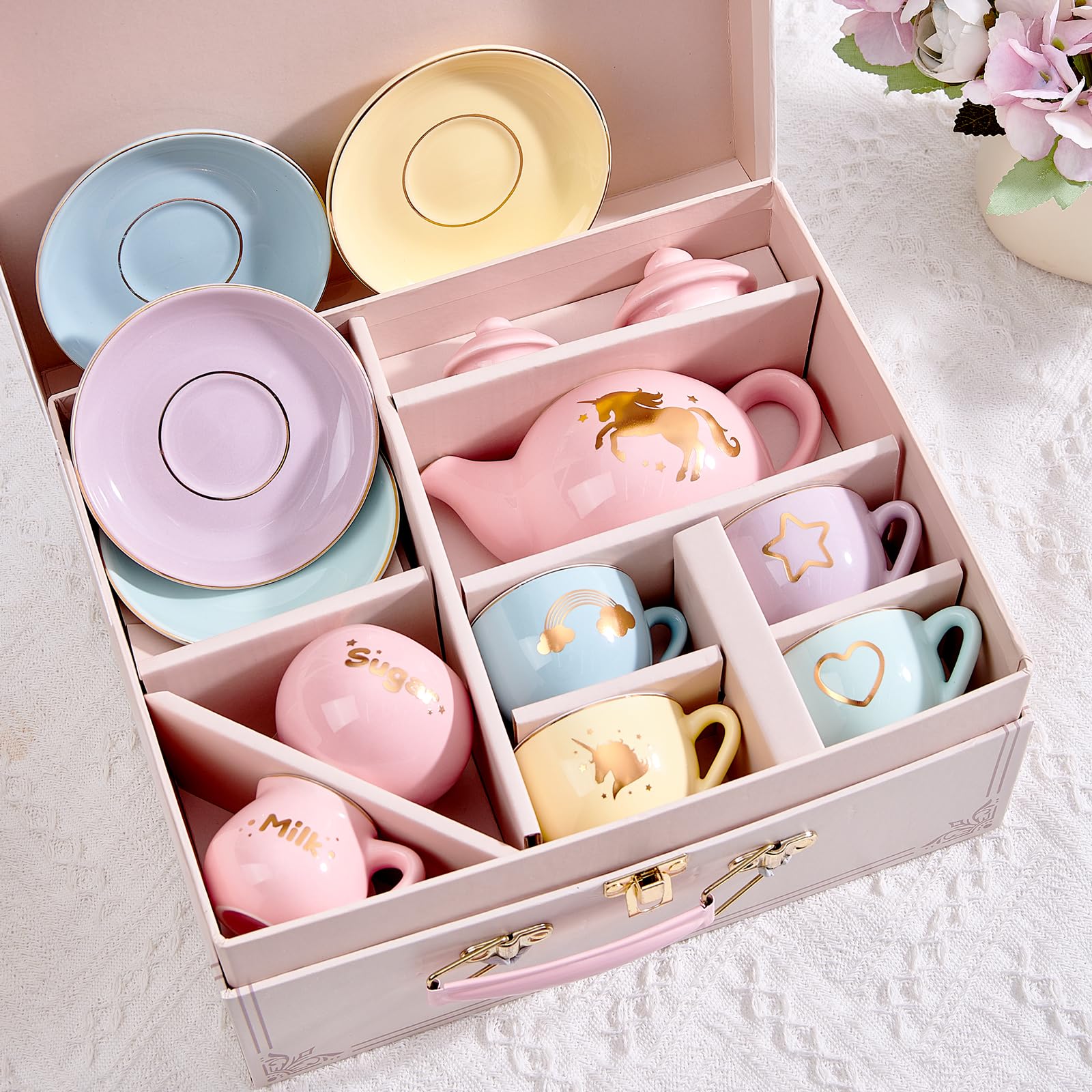 G.C Porcelain Tea Set for Girls Kids - 13pcs Pastel Tea Party Set