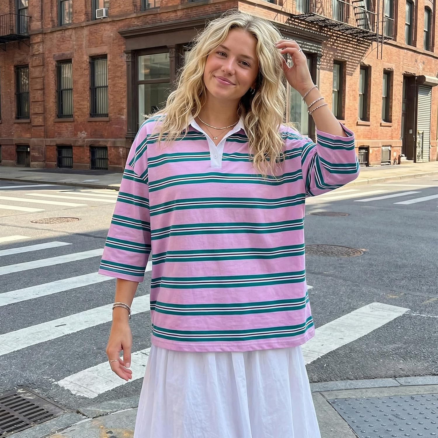 Women's Striped Polo t-Shirt Summer Oversized Contrast Short Sleeve Half Button-up Pullover Tops Loose Basic Tees