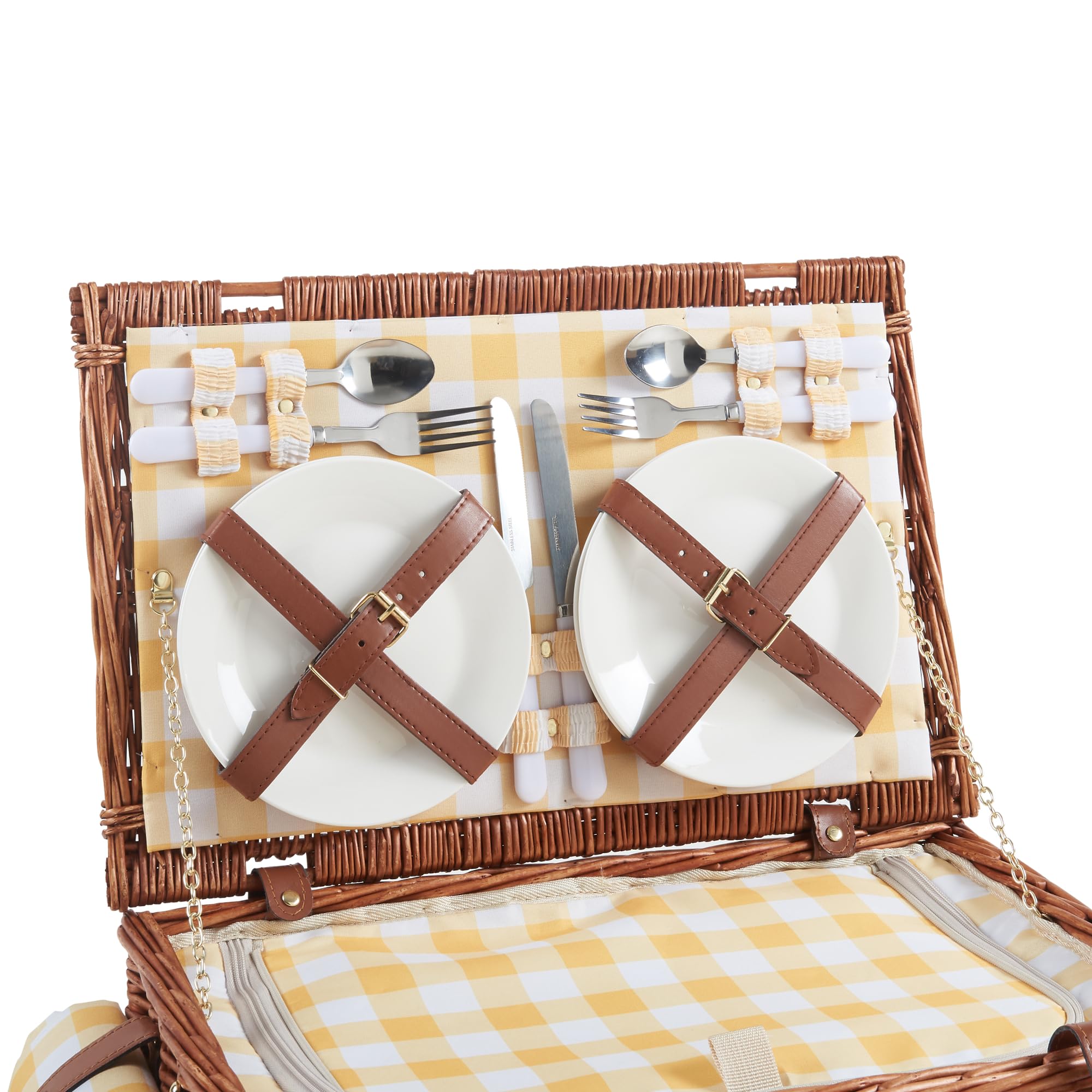 casa.pro Juego de Cesta de Pícnic Brindisi para 4 Personas con Manta Platos Cubiertos Compartimento Aislado Forro a Cuadros Correas de Polipiel Mimbre 46 x 31 x 20 cm - Blanco/Amarillo a Cuadros