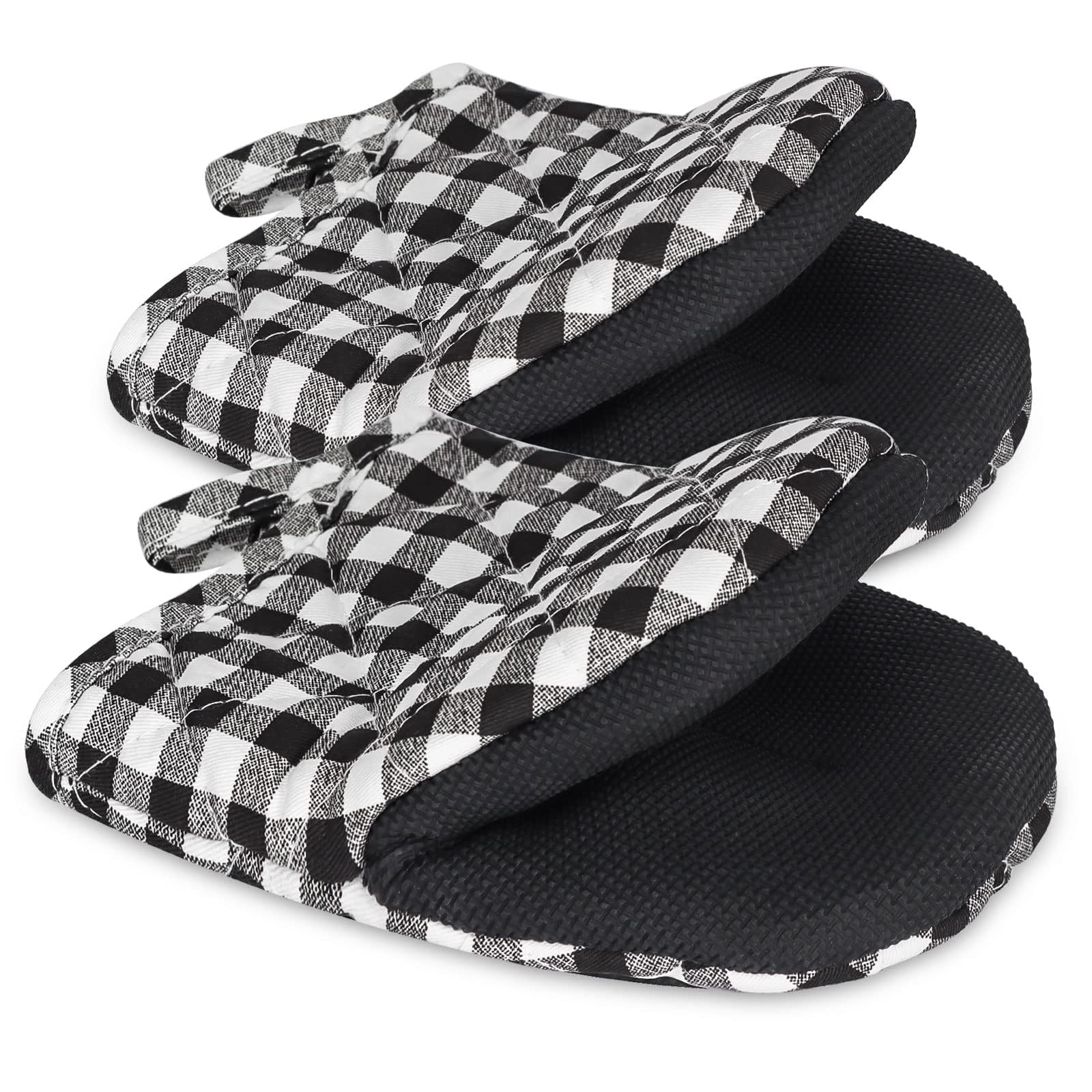 Goldmeet Black And White Plaid 1 Pair Short Oven Mitts, Heat Resistant Silicone Kitchen Mini Mitts For 500 Degrees, Grip Surfaces And Hanging Loop Gloves Baking Barbecue Microwave Machine Washable Black & White Grid