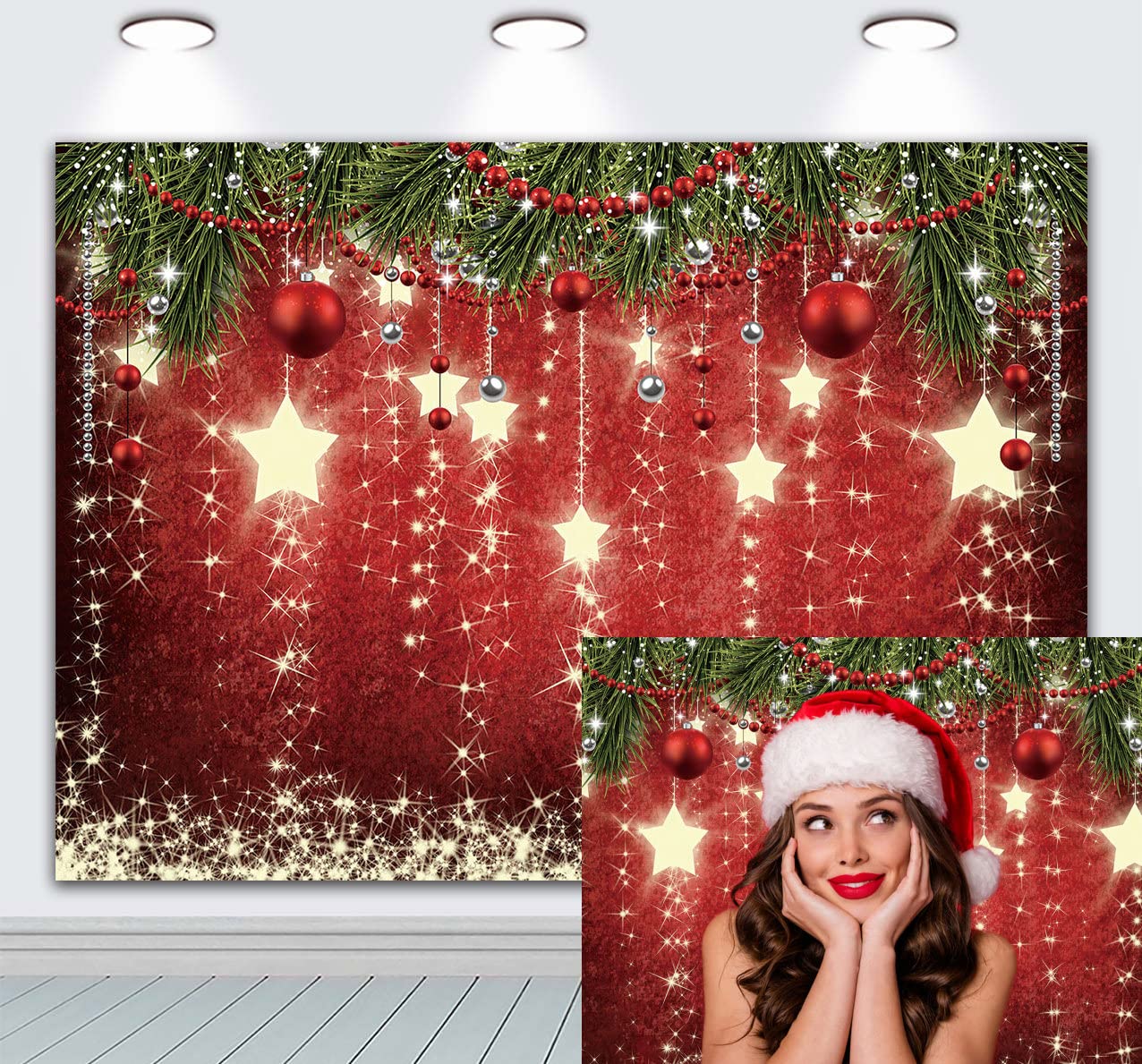 INRUI Sfondo fotografico natalizio rosso Stelle scintillanti per bambini (2,1 x 1,5 m)