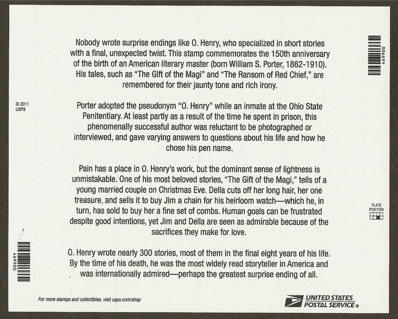 O. Henry Sheet Of 20 Mint Us Postage Forever Stamps Scott 4705 By Usps :  Amazon.ae: Office Products