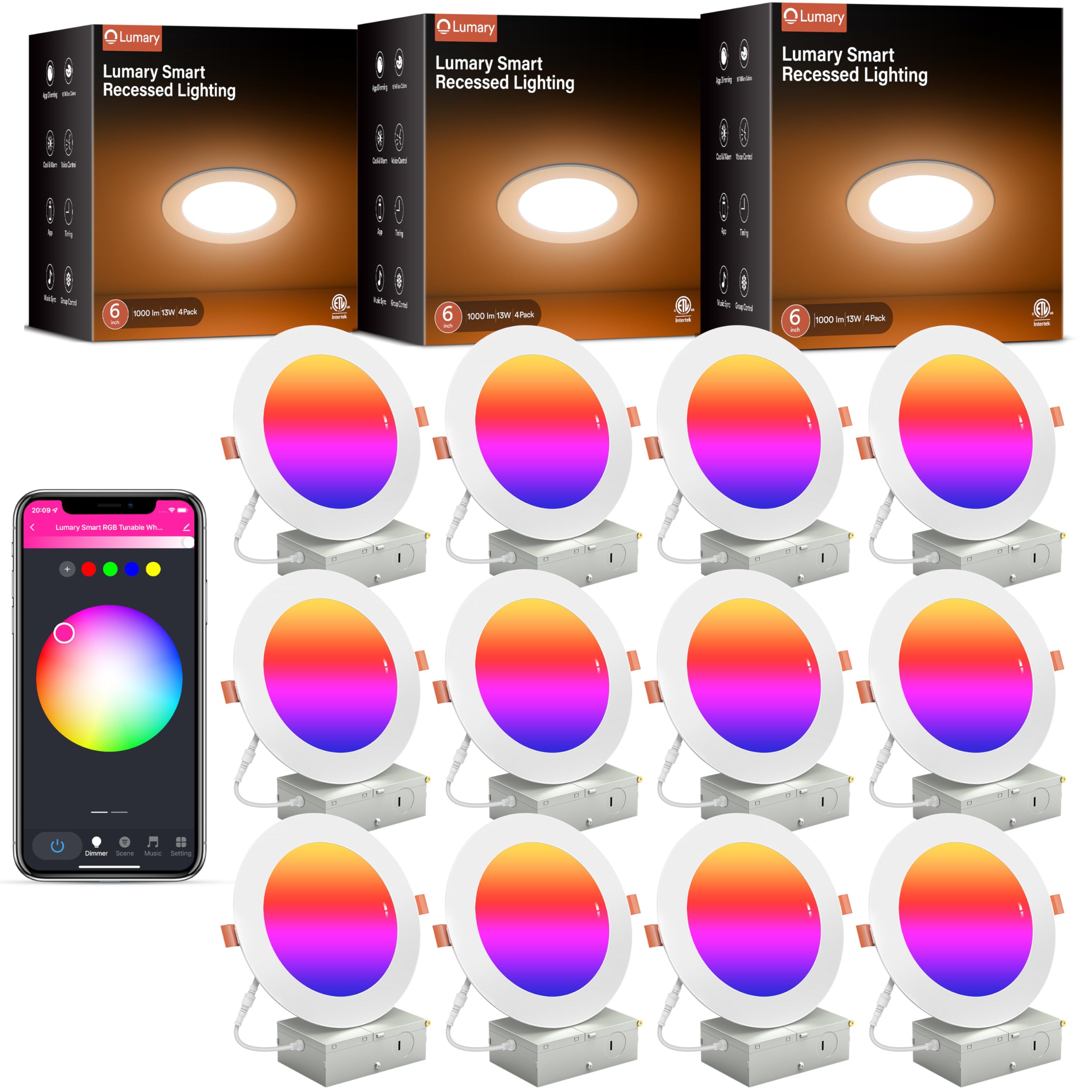Lumary 6 Inch Smart WiFi Recessed Lights, 12 Pack