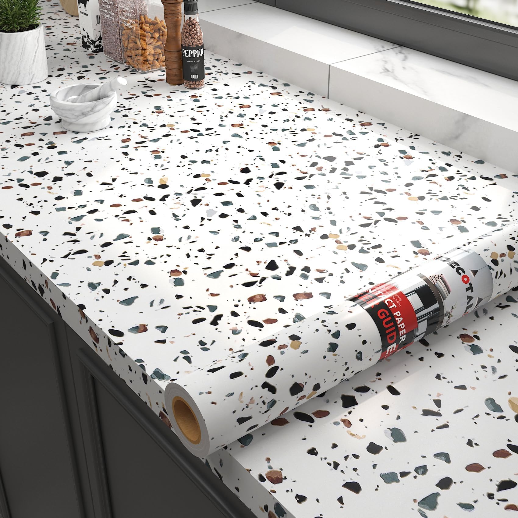 Decotalk Carta da Parati Effetto Terrazzo Bianco Moderna 90X300cm Pellicola Adesiva Per Mobili Bianco Decorazione Parete Rivestimento Adesivo Per Piano da Cucina Armadio Adesivo Vinile Impermeabile
