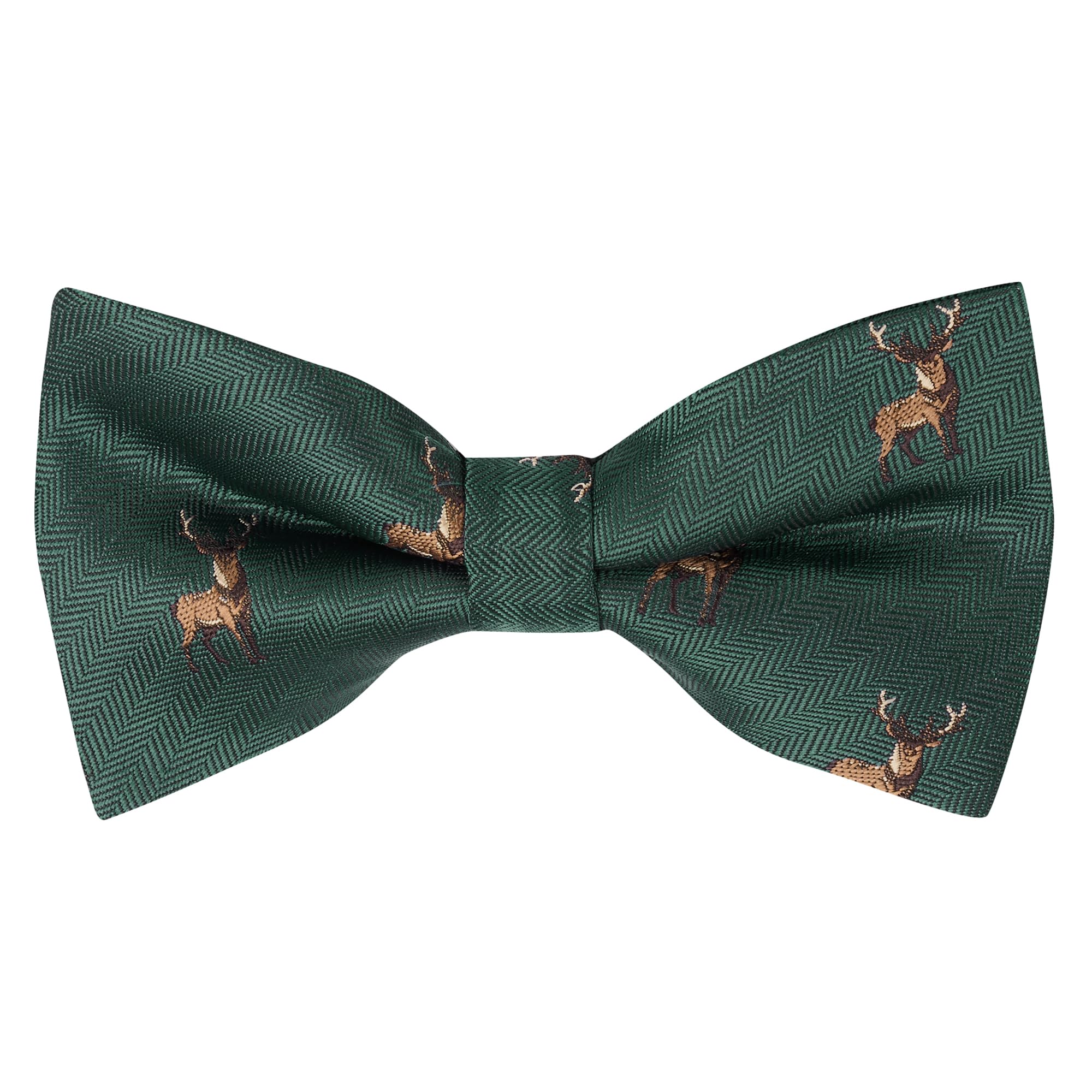 King & Priory Green Standing Stag Dark Herringbone Embroidered Bow Tie