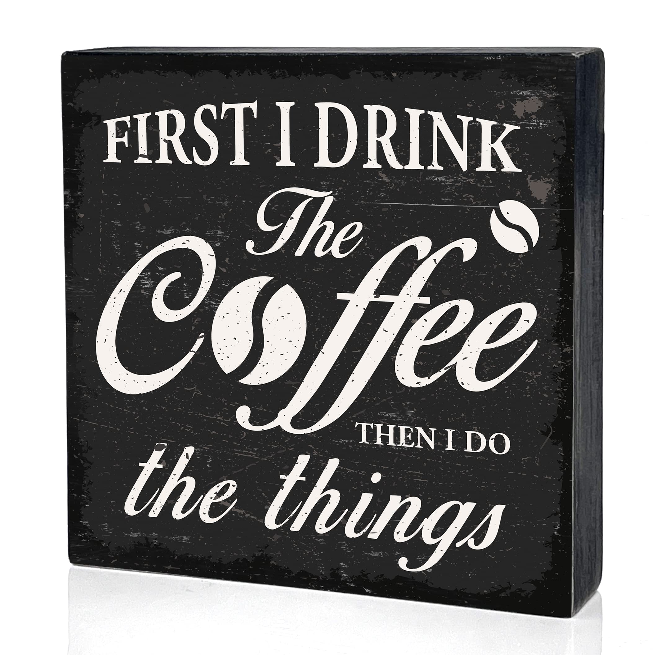 Funny Coffee Wooden Box Sign Desk Decor Retro First I Drink the Coffee Wood Block Plaque Box Signs with Quotes Rustic Box Sign for Home Kitchen Shelf Table Decoration (5 X 5 Inch)