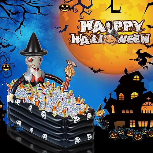 Miniatura 2 de Enfriador inflable de Halloween, enfriador de bebidas grande de Halloween para fiesta de Halloween, 43 pulgadas, brujas, ataúd inflable, barra de