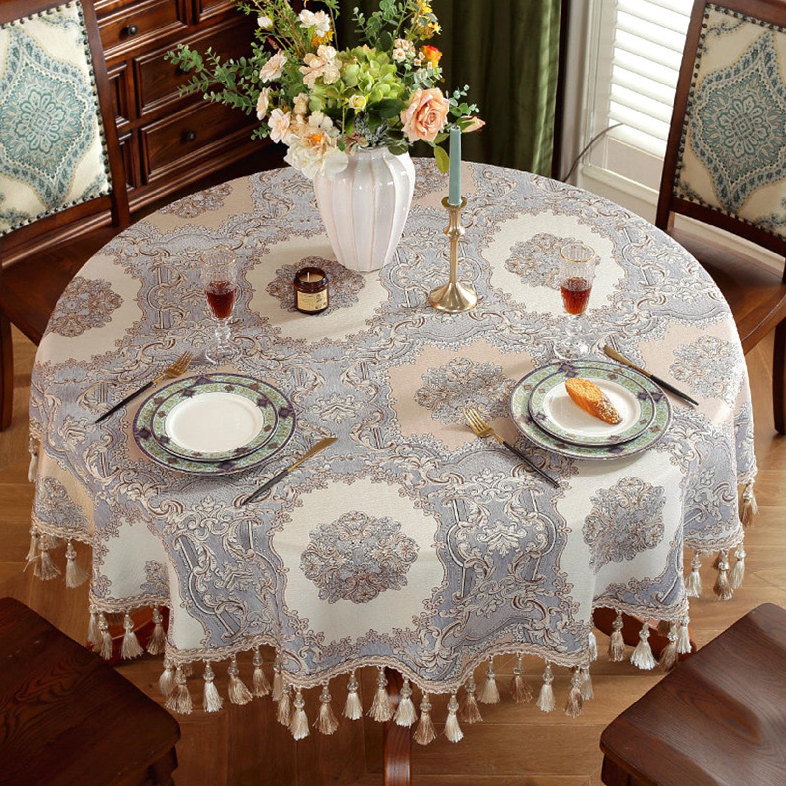 Nappe ronde rétro à pampilles Ele 120 cm de qualité supérieure pour buffet