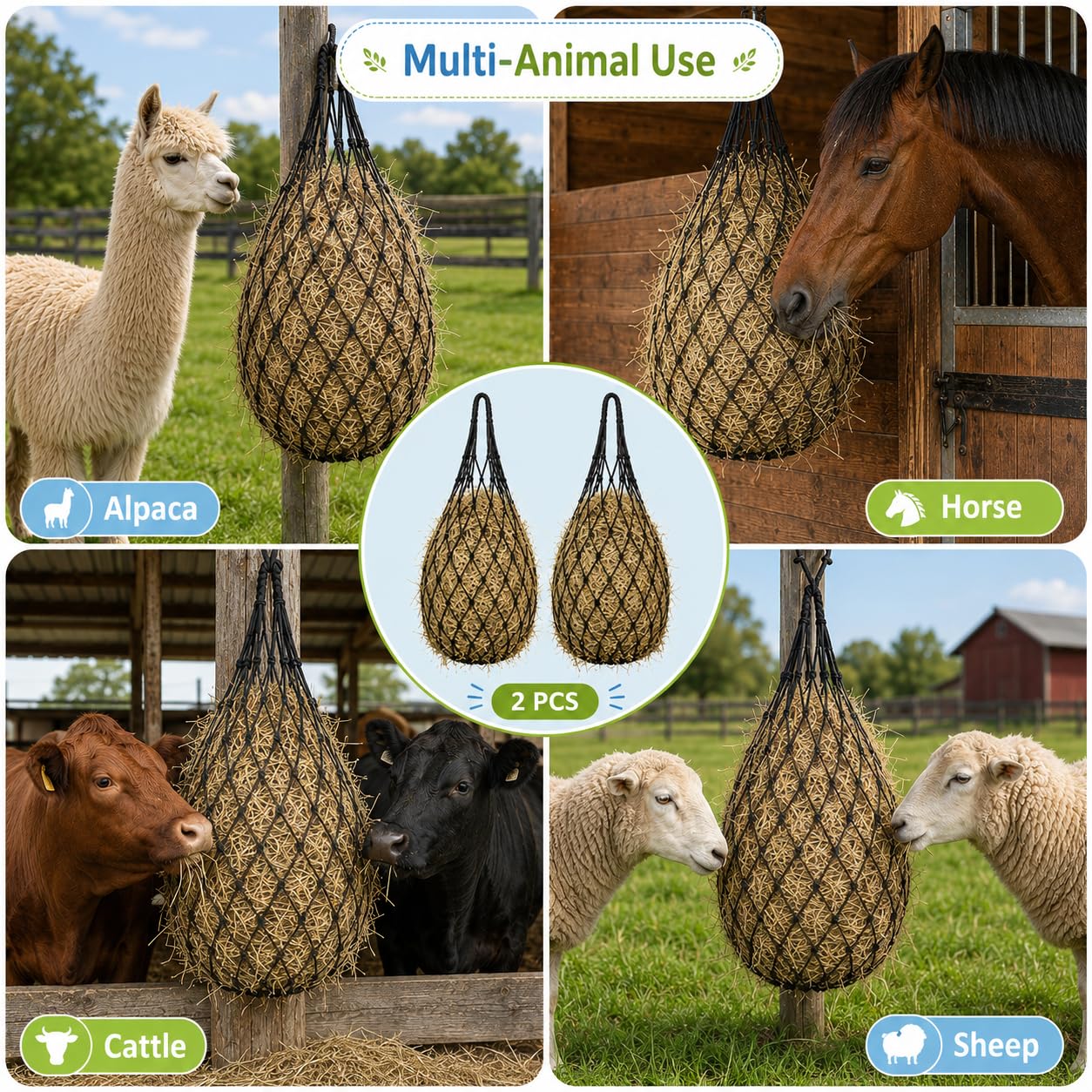 2 Piezas Red de Heno para Caballos, Malla de 5 x 5 cm, Bolsa de Heno para Alimentación Lenta, para Establo, Remolque, Ponis y Cabras (Negro)