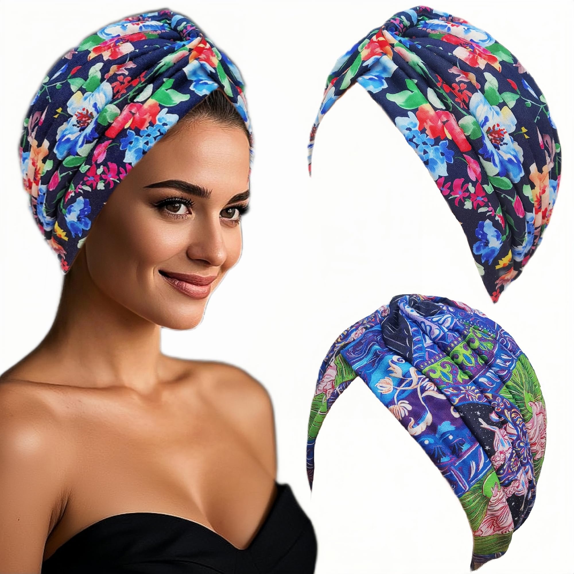 CaiJianYuLin 2 Piezas Turbantes para Mujer Gorros Oncologicos Gorros Oncologicos para Mujer Gorro de Cáncer para Pérdida de Cabello Mujer Pelo Largo Verano Turbantes Lástico Frontal Cruzado Algodón