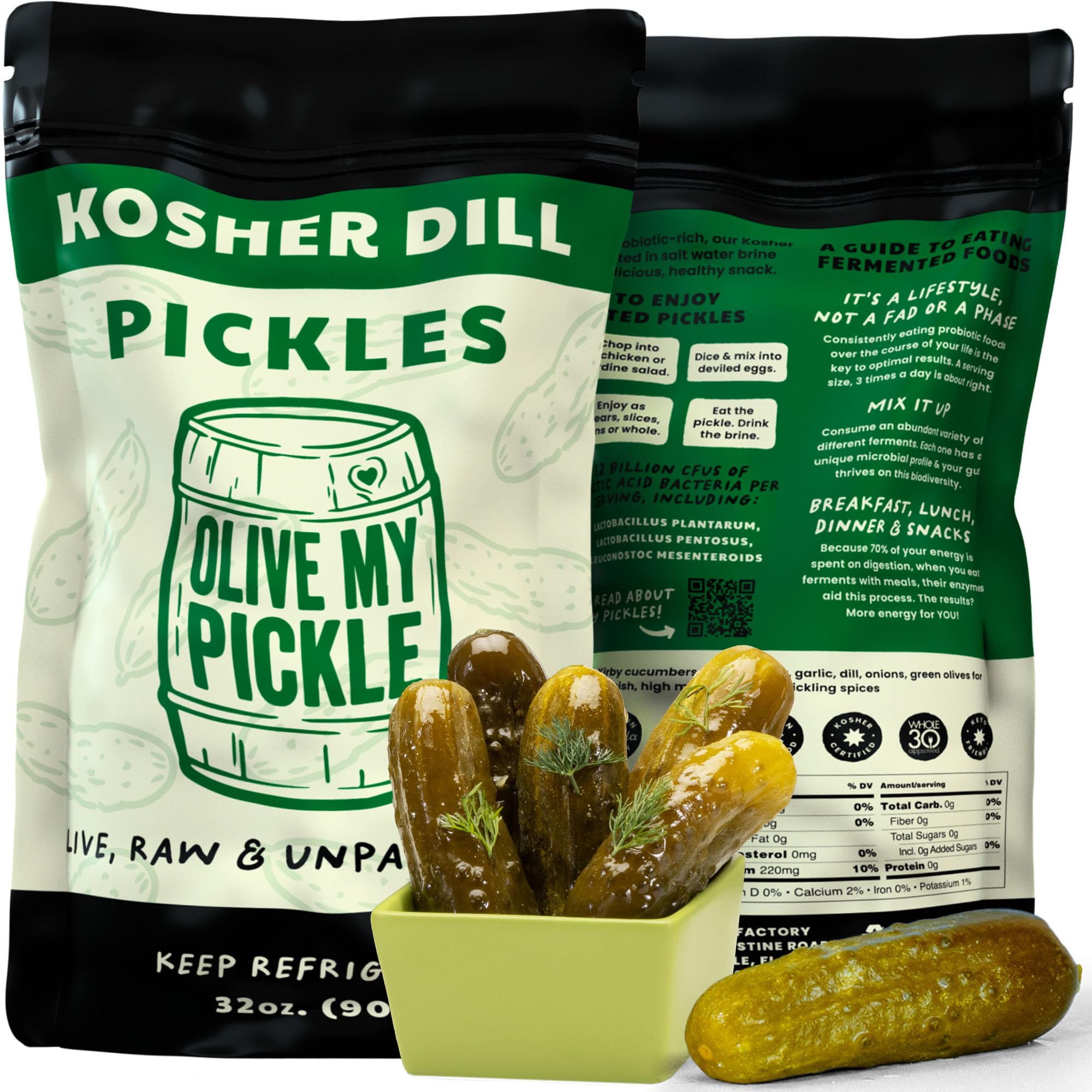 Olive My Pickle Fermented Dill Pickles - 64 Ounces | 2 Pack Bundle of Probiotic Pickles Kosher Dill and Brine with Digestive Enzymes for Gut Health - Kosher Pickles 32 oz per bag