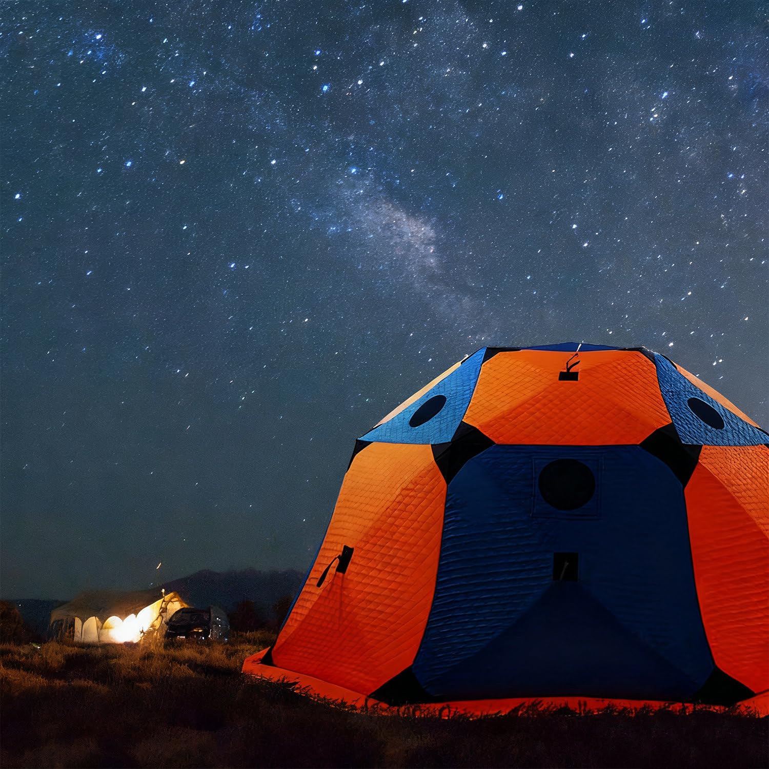 SENJINGHUA Warm Winter Retreat: Insulated Ice Fishing Tent with Stove Jack & Floor, Hexagon Shelter for Extreme Cold -30℃, Fits 8-10 Adults, Features 2 Doors & 7 Windows for Easy Viewing Orange