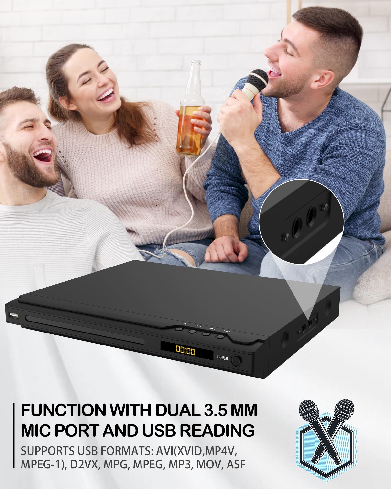 Reproductors de DVD para TV, Reproductors DVDs HDMI Compatibles con PAL/NTSC, Reproductor Disco sin Región con Puertos de Karaoke, DVDs Player con Función de Reproducción USB, Cables HDMI y AV