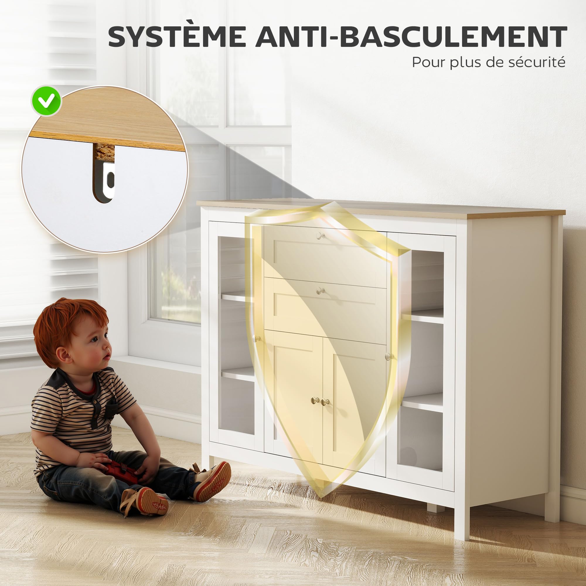 HOMCOM Buffet Salon, 1 Placard Double Porte, 2 Tiroirs, 120x40x90cm, Blanc | Meuble de Rangement, 2 Placards à Porte Vitrée, Étagère Réglable, Style Moderne, Buffet Salle à Manger et Cuisine
