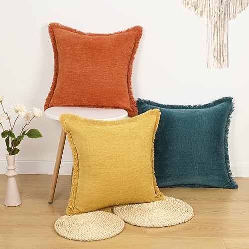 Miniatura 3 de Juego de 2 fundas de almohada amarillas cuadradas de 16 x 16 pulgadas, fundas de almohada rústicas suaves y rústicas de teñido sólido con borlas,