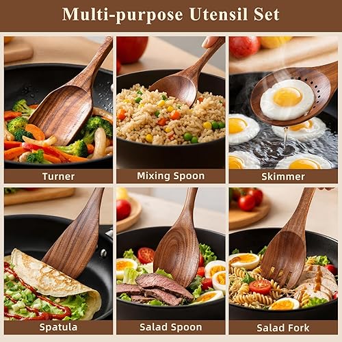 Miniatura 6 de Cucharas de madera para cocinar, juego de 12 utensilios de cocina de madera antiadherentes con agarre cómodo, 100% madera de teca natural,